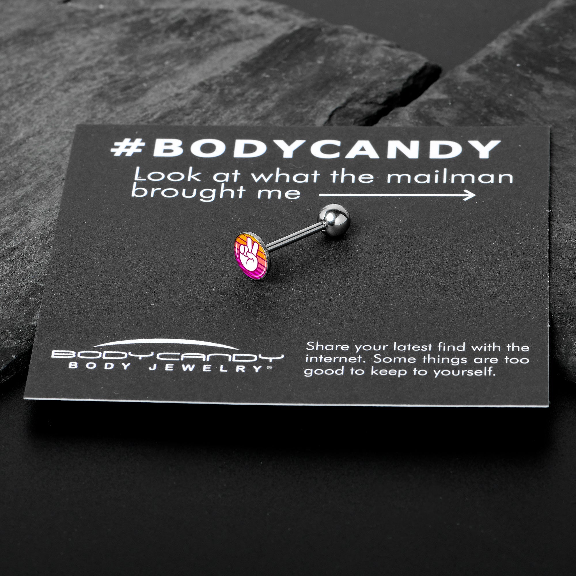 BodyCandy Retro Stripes Peace Sign Fingers Barbell Tongue Ring by Onyx O — in-use photo
