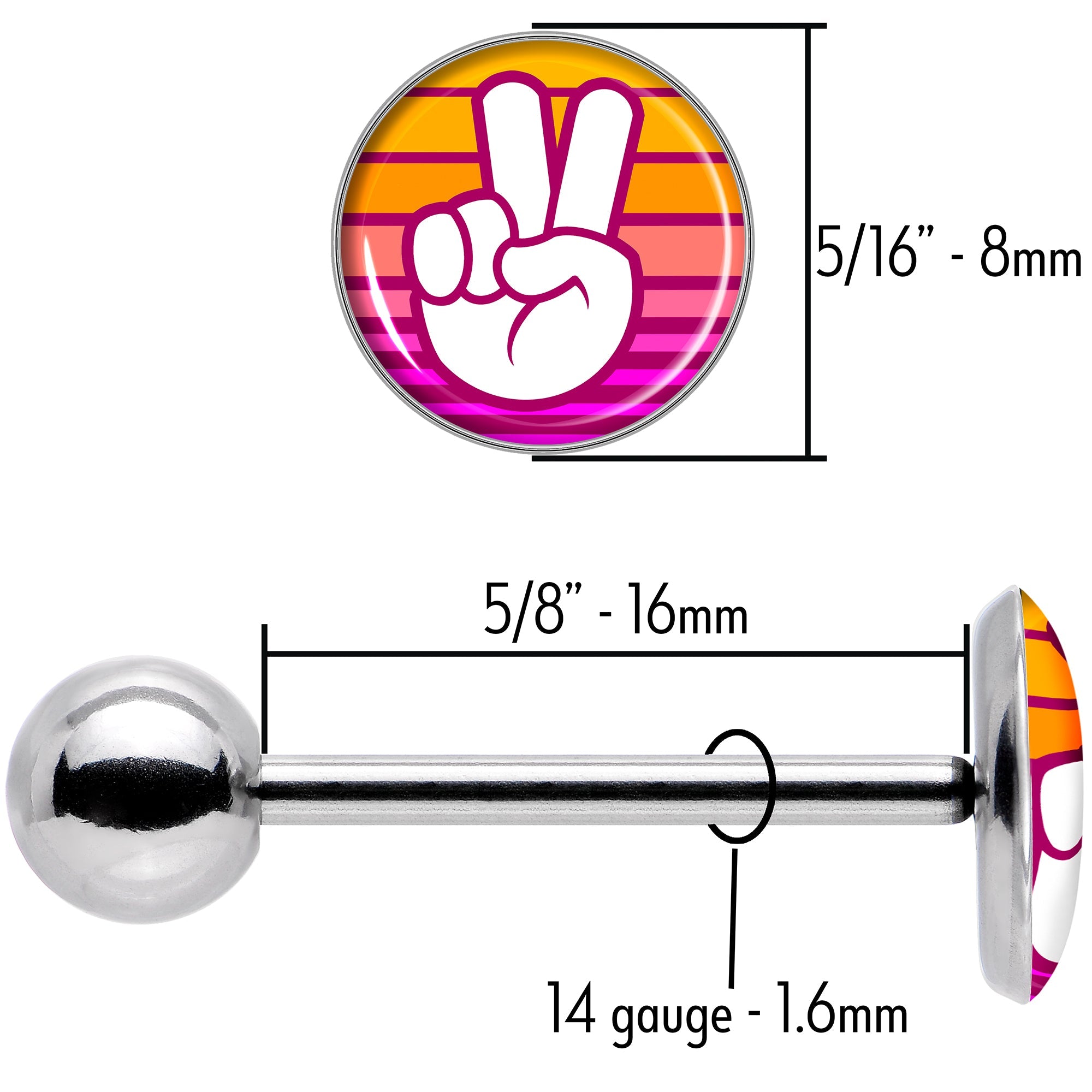 BodyCandy Retro Stripes Peace Sign Fingers Barbell Tongue Ring by Onyx O — size reference
