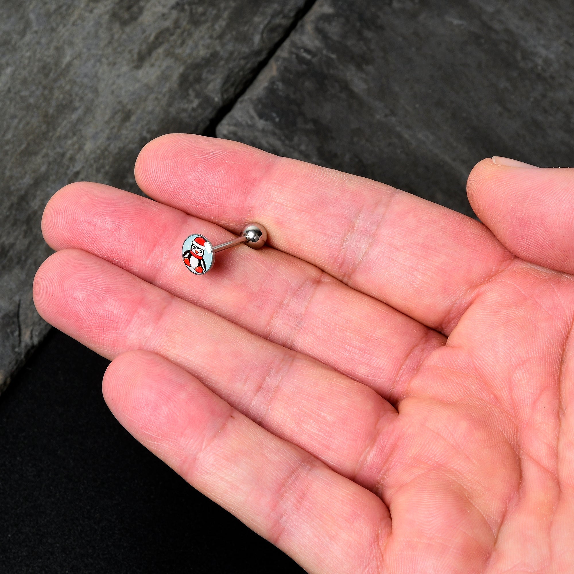 BodyCandy Snowfall Holiday Penguin Barbell Tongue Ring by Onyx O — lifestyle context