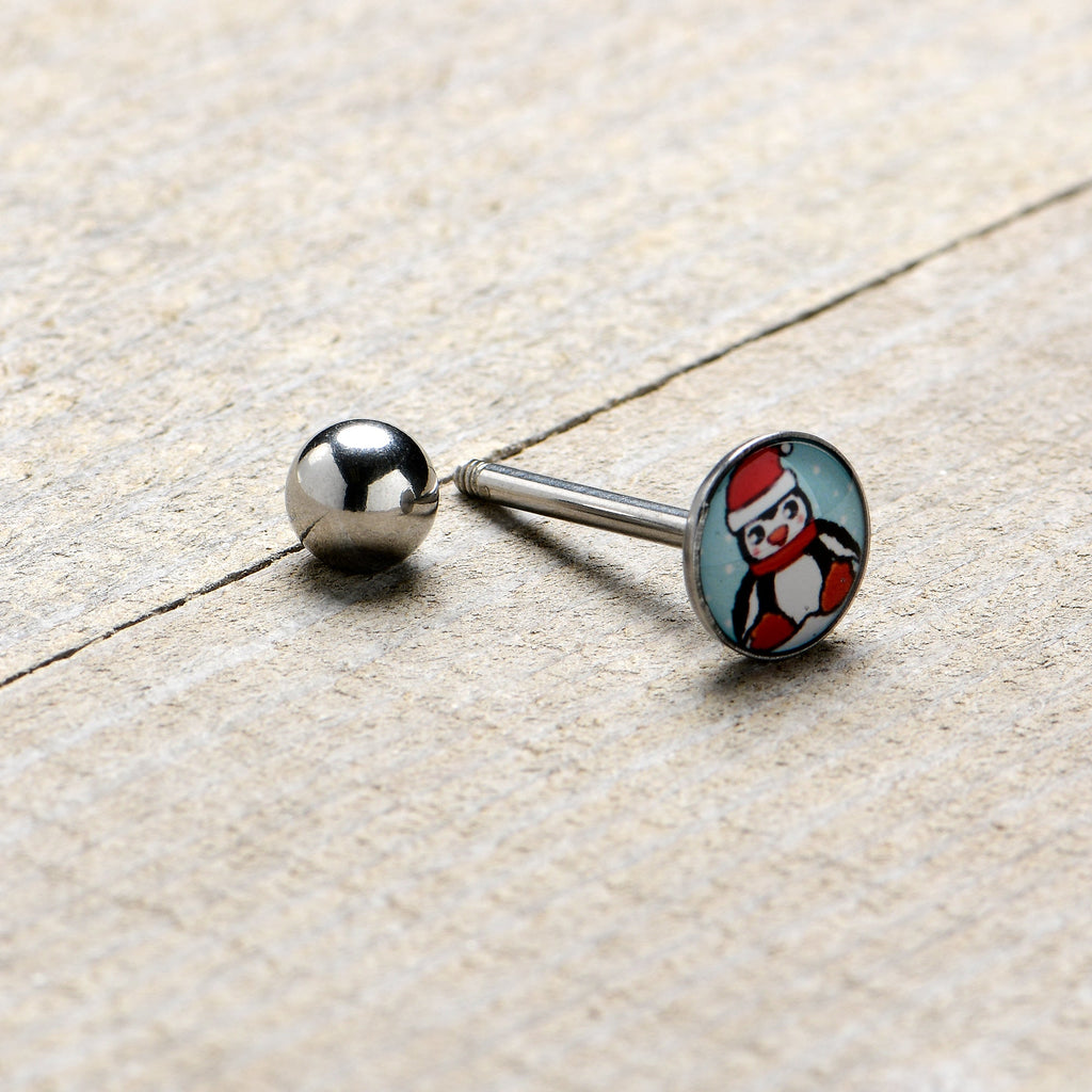 BodyCandy Snowfall Holiday Penguin Barbell Tongue Ring by Onyx O — back view