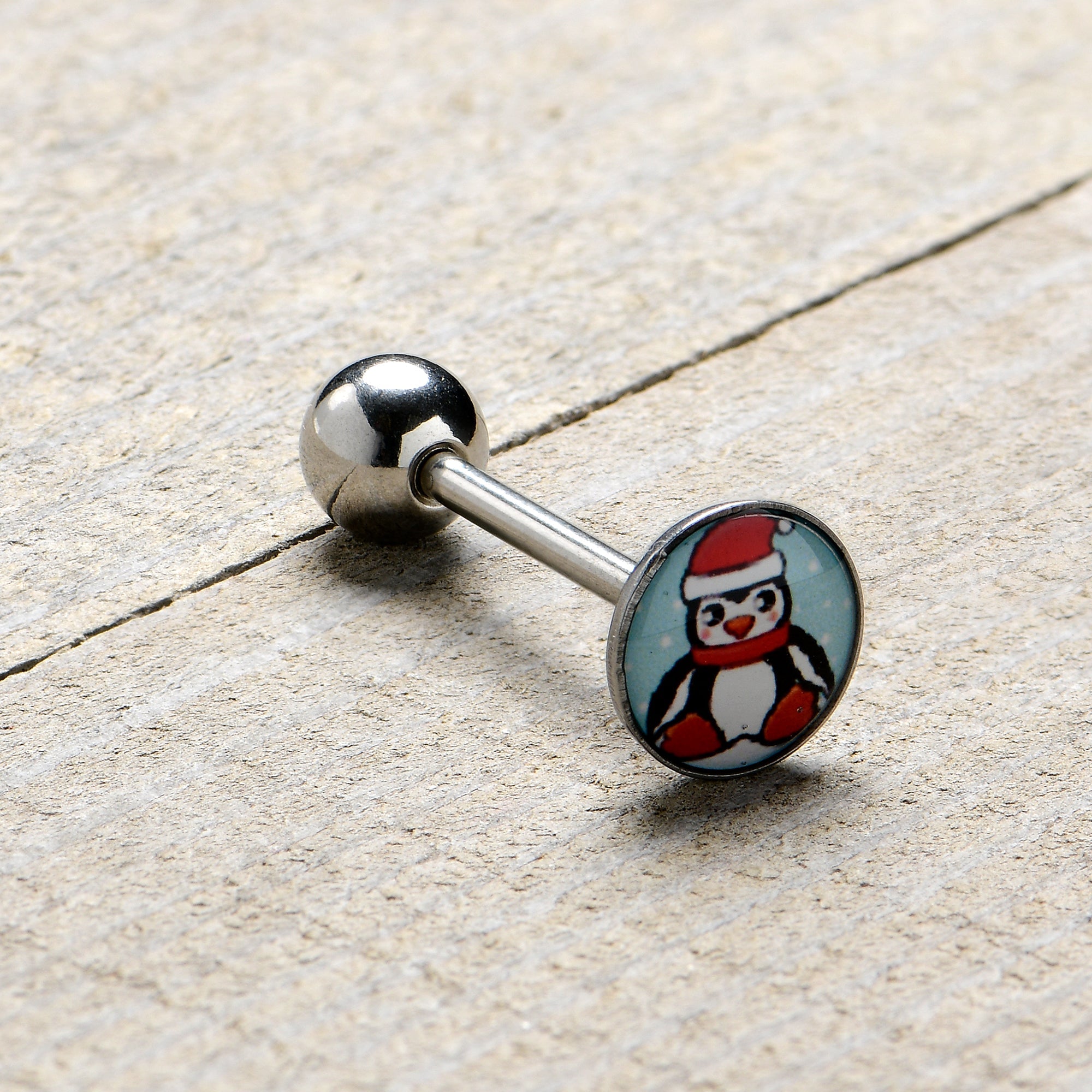 BodyCandy Snowfall Holiday Penguin Barbell Tongue Ring by Onyx O — size reference