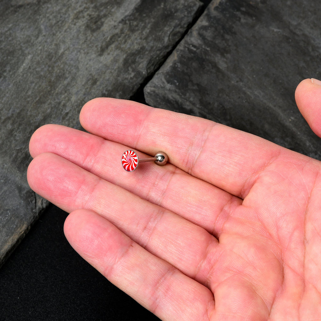BodyCandy Holiday Peppermint Candy Barbell Tongue Ring — lifestyle context