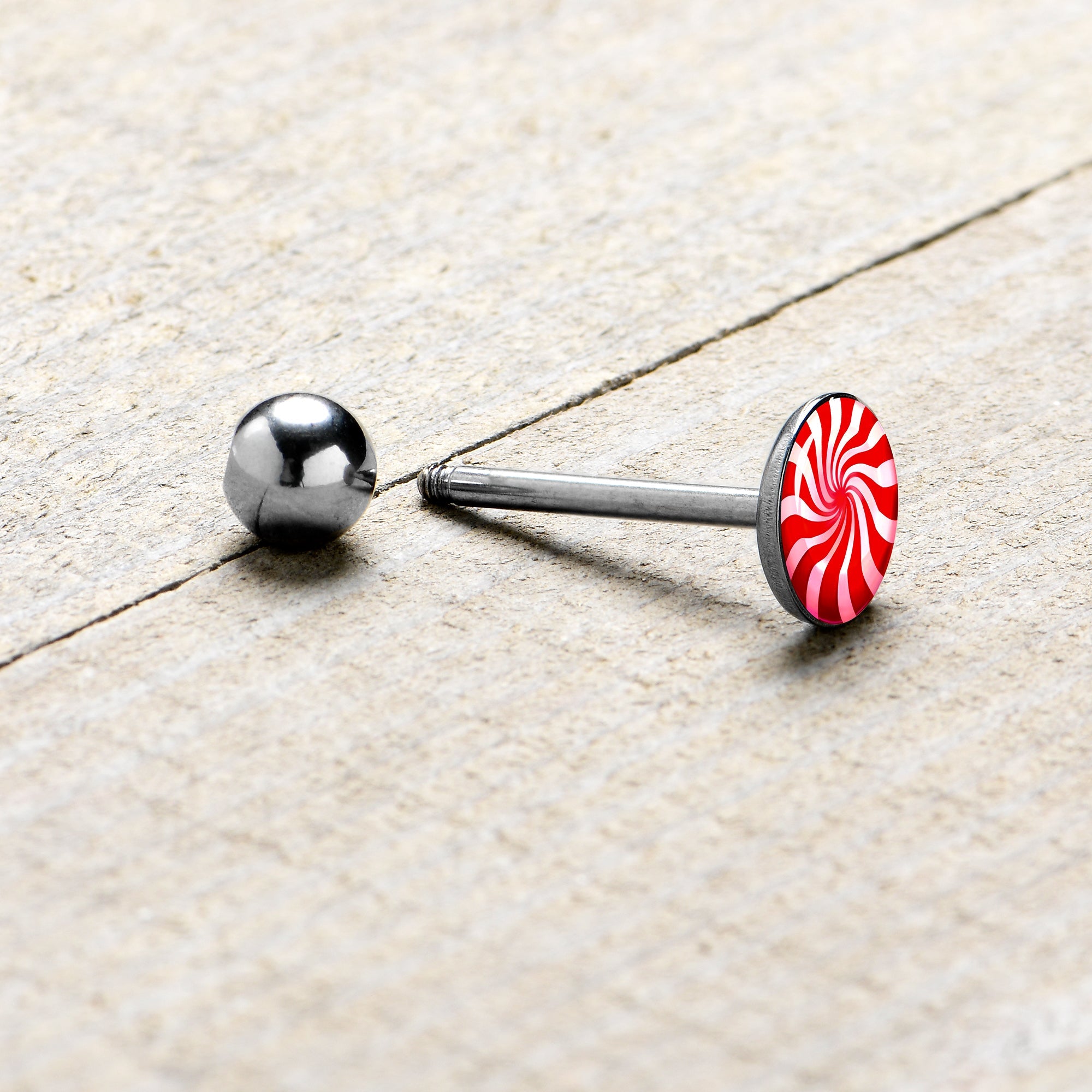 BodyCandy Holiday Peppermint Candy Barbell Tongue Ring — back view