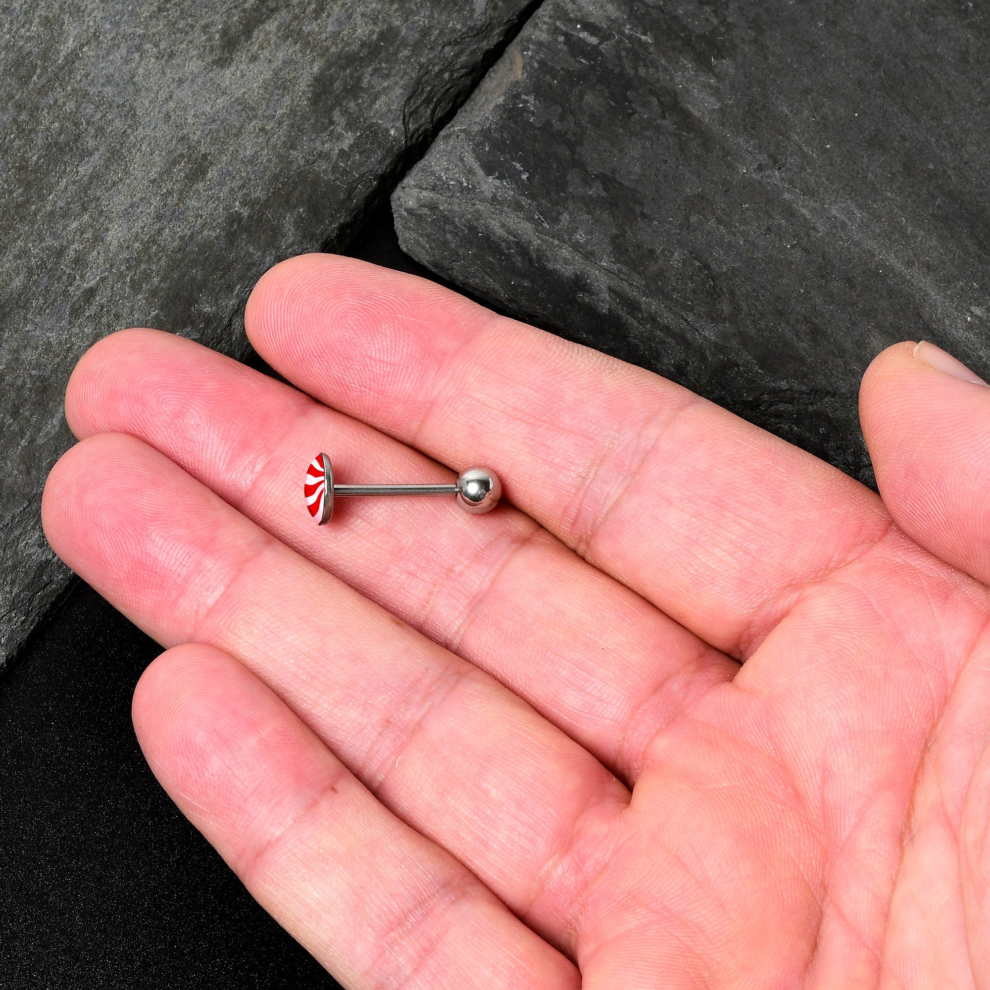 BodyCandy Holiday Peppermint Candy Barbell Tongue Ring — alternative angle