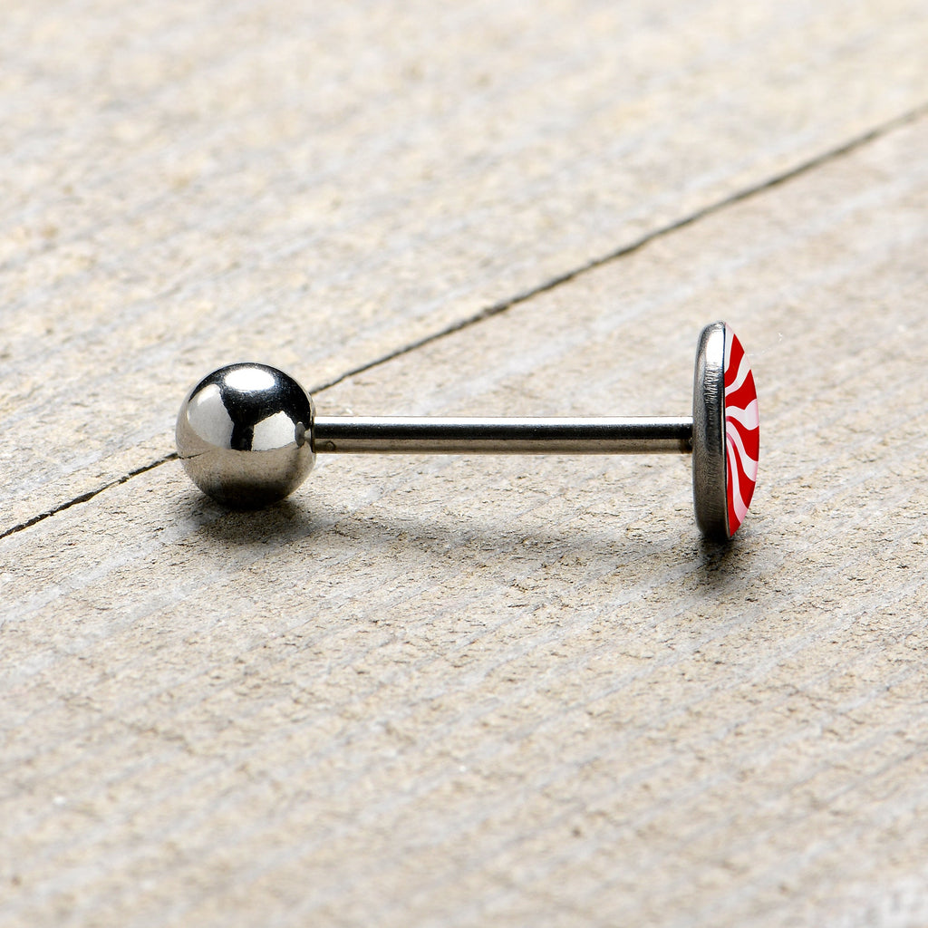 BodyCandy Holiday Peppermint Candy Barbell Tongue Ring — in-use photo
