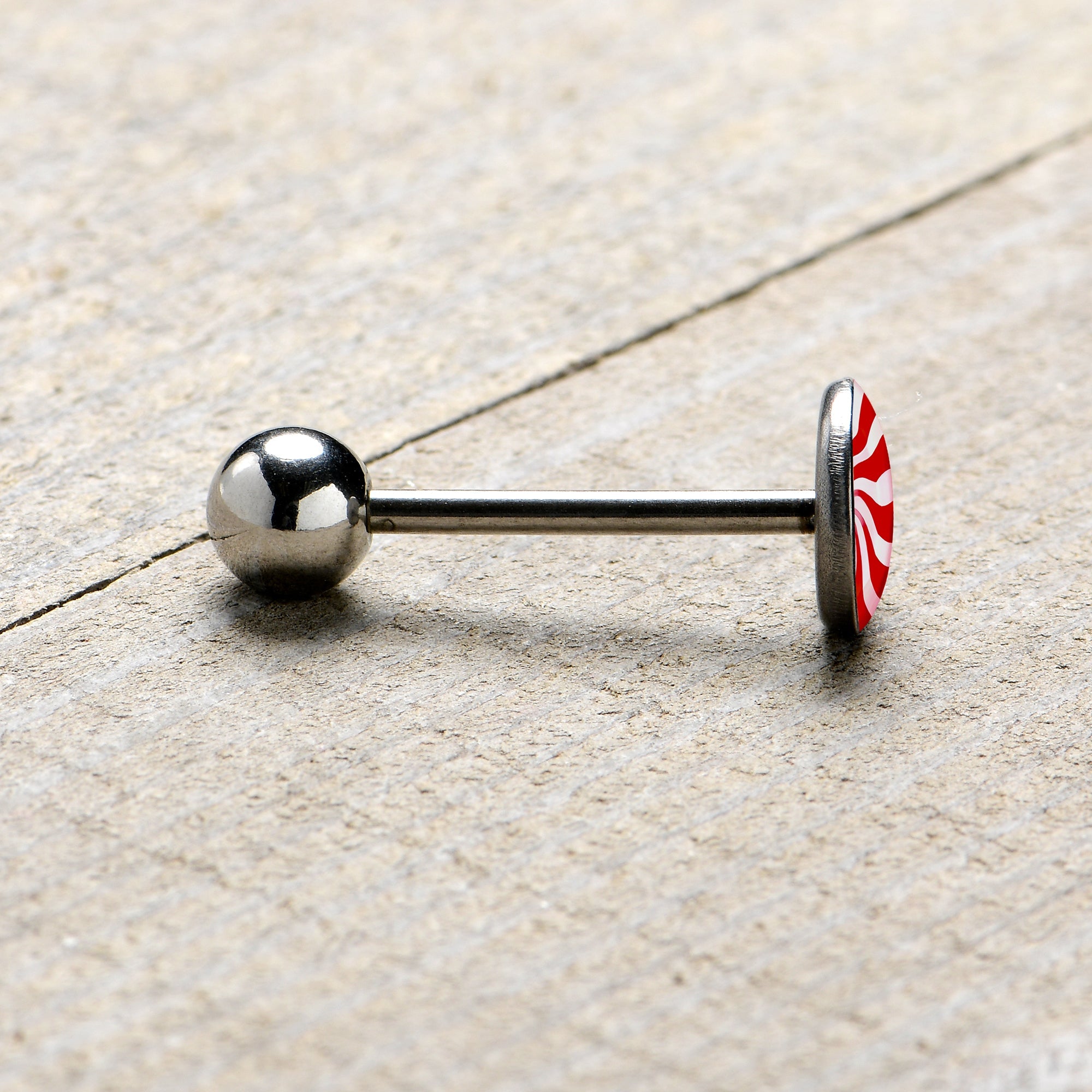 BodyCandy Holiday Peppermint Candy Barbell Tongue Ring — in-use photo