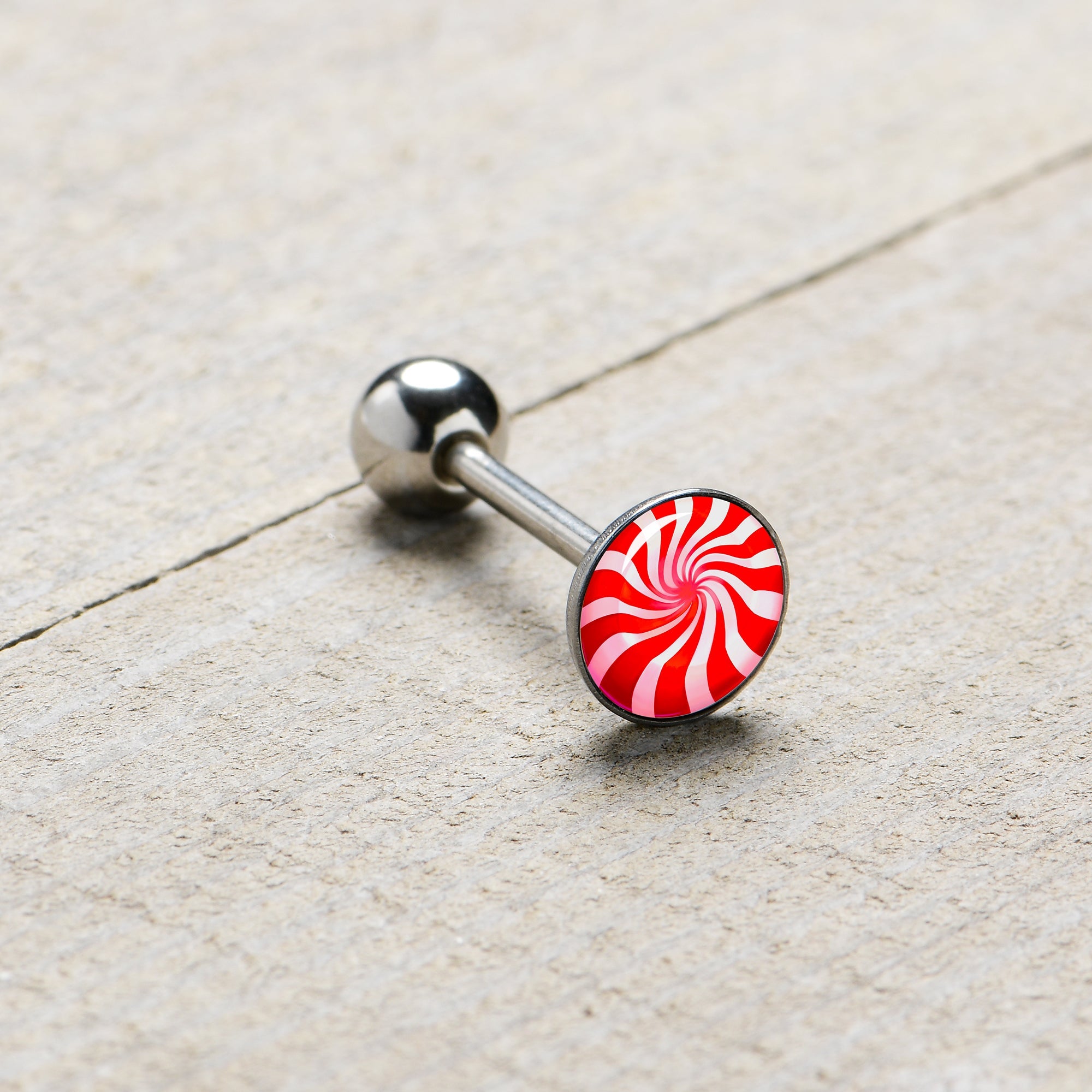 BodyCandy Holiday Peppermint Candy Barbell Tongue Ring — size reference