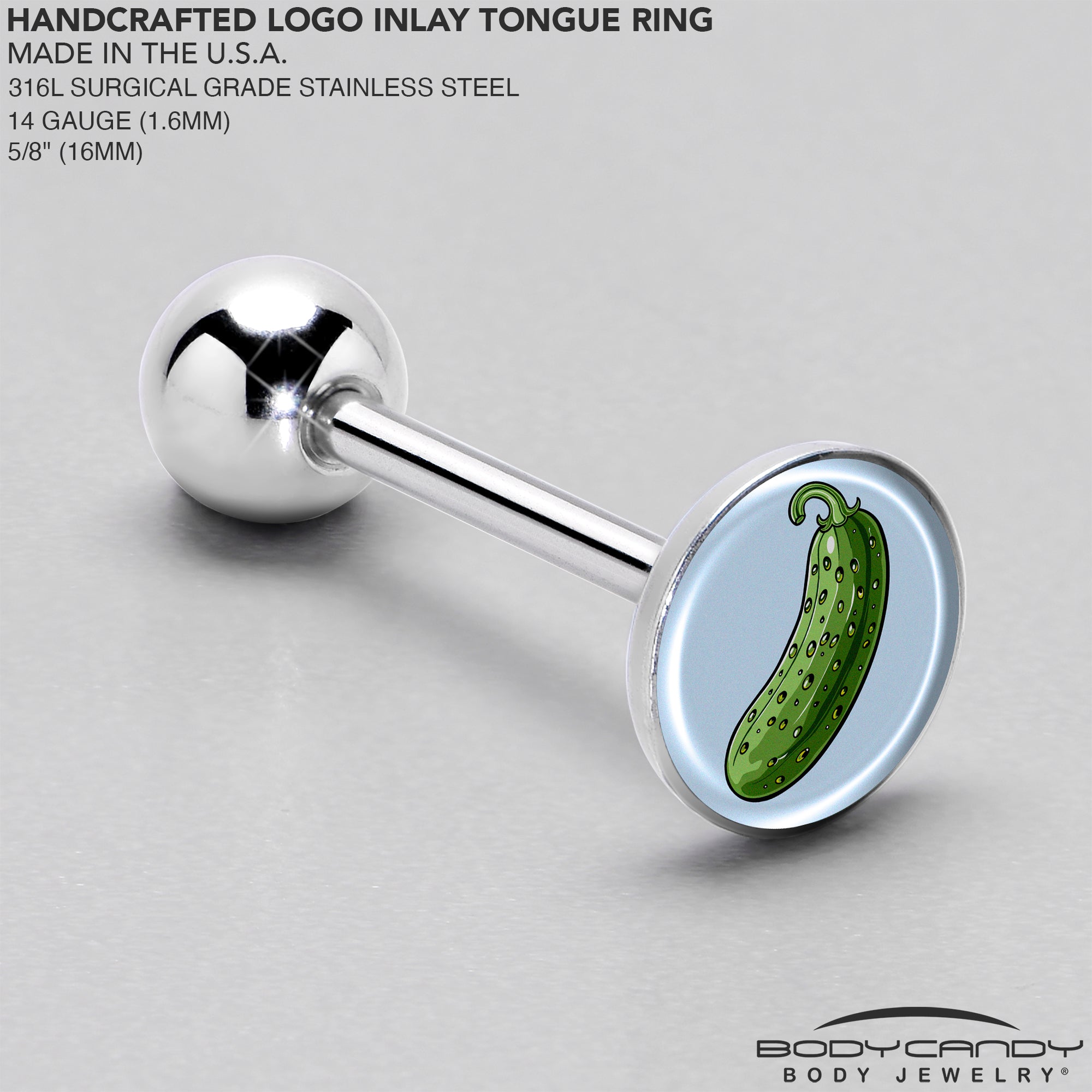 BodyCandy Green Pickle Barbell Tongue Ring by Onyx O — side view