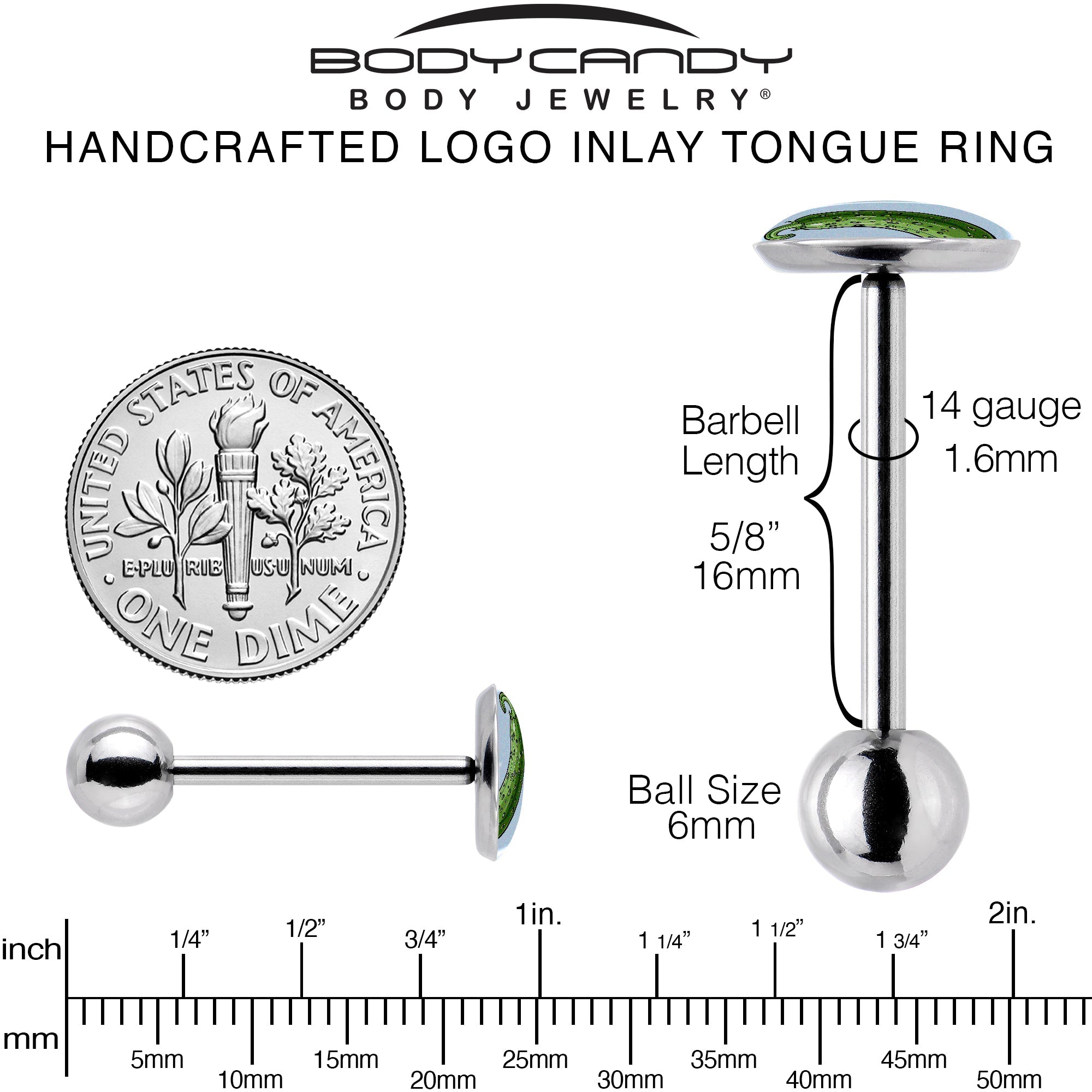 BodyCandy Green Pickle Barbell Tongue Ring by Onyx O — back view