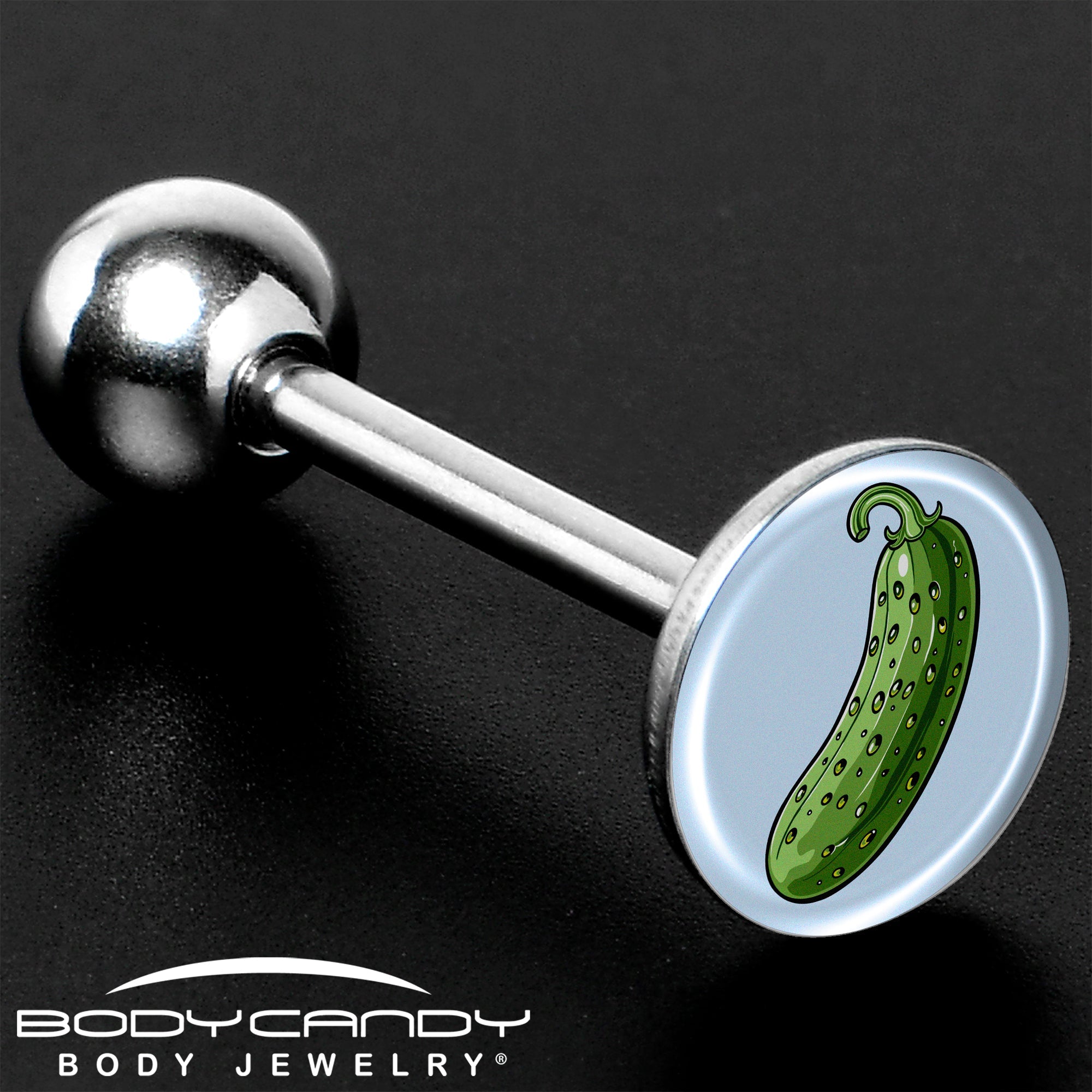 BodyCandy Green Pickle Barbell Tongue Ring by Onyx O — size reference