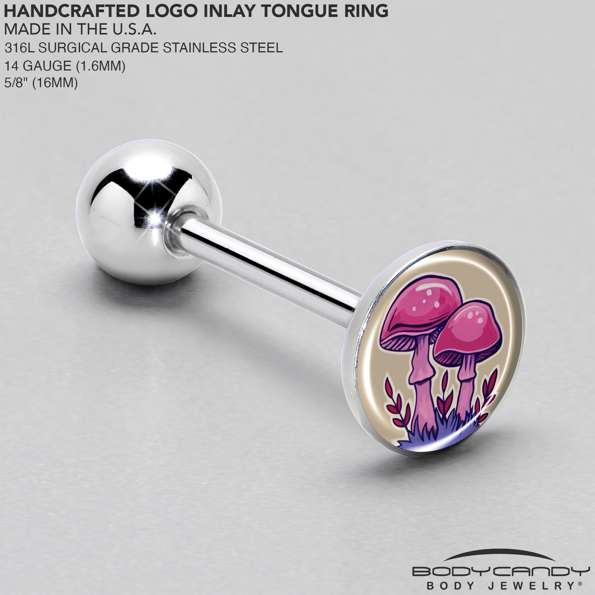 BodyCandy Artist Drawn Pink Mushrooms Barbell Tongue Ring by Onyx O — side view