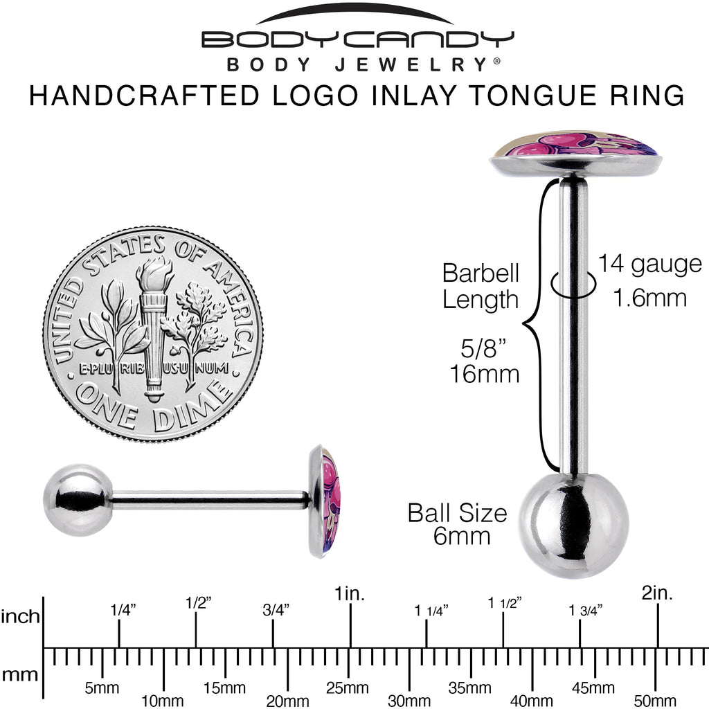 BodyCandy Artist Drawn Pink Mushrooms Barbell Tongue Ring by Onyx O — back view