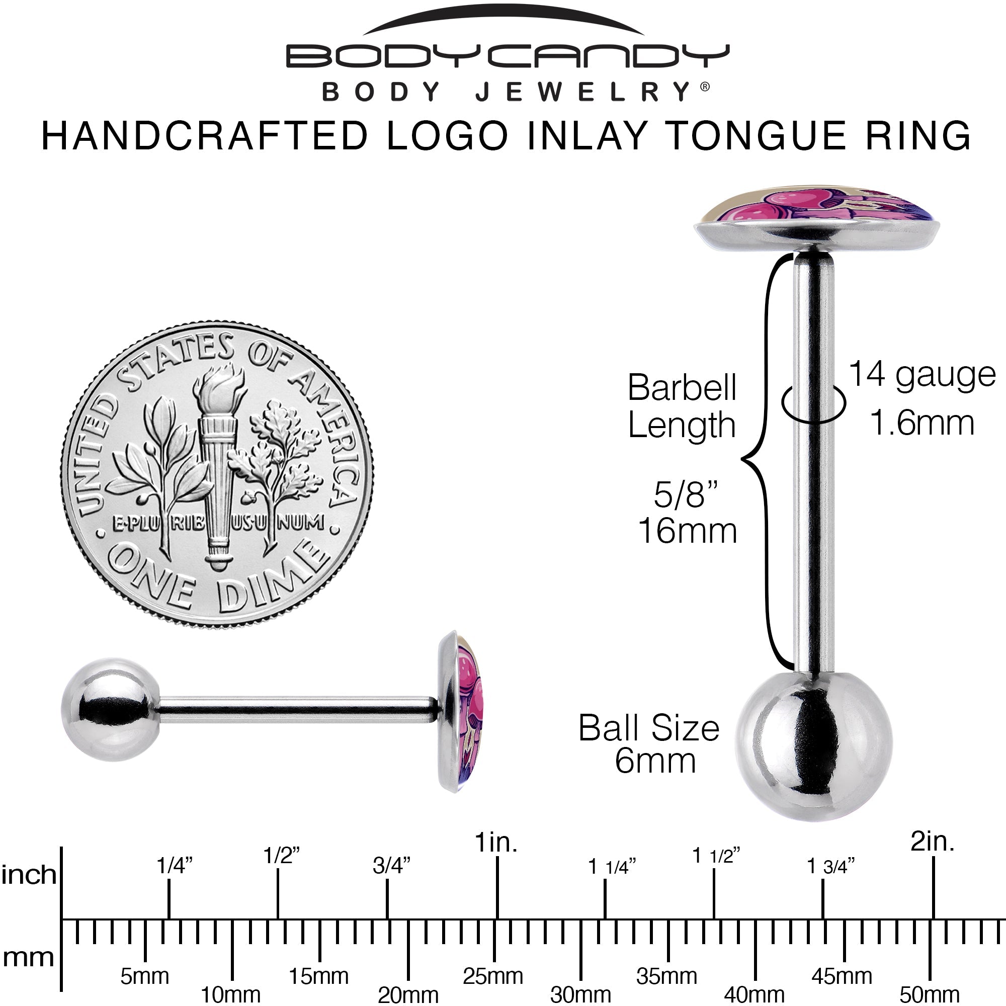 BodyCandy Artist Drawn Pink Mushrooms Barbell Tongue Ring by Onyx O — back view