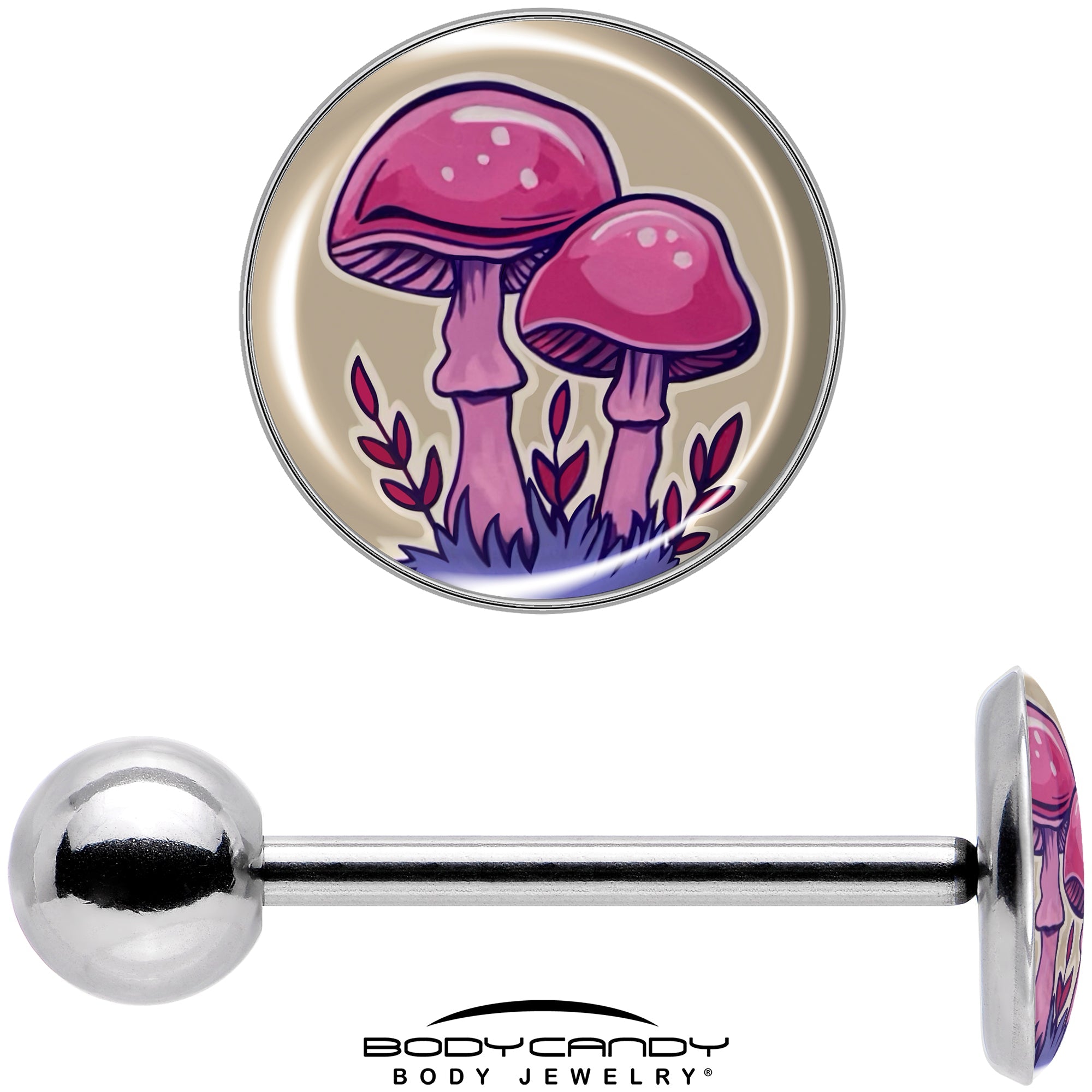 BodyCandy Artist Drawn Pink Mushrooms Barbell Tongue Ring by Onyx O — in-use photo
