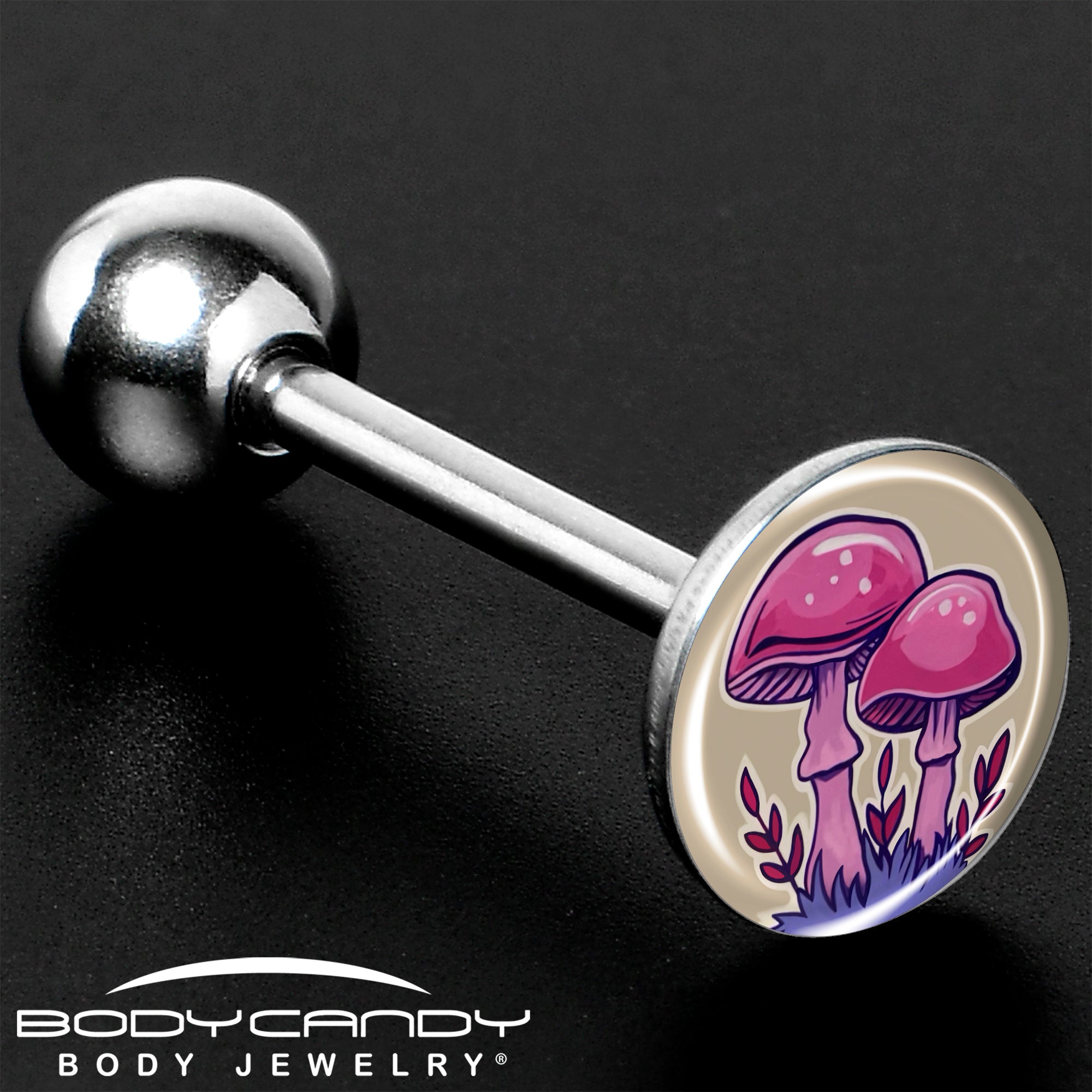 BodyCandy Artist Drawn Pink Mushrooms Barbell Tongue Ring by Onyx O — size reference