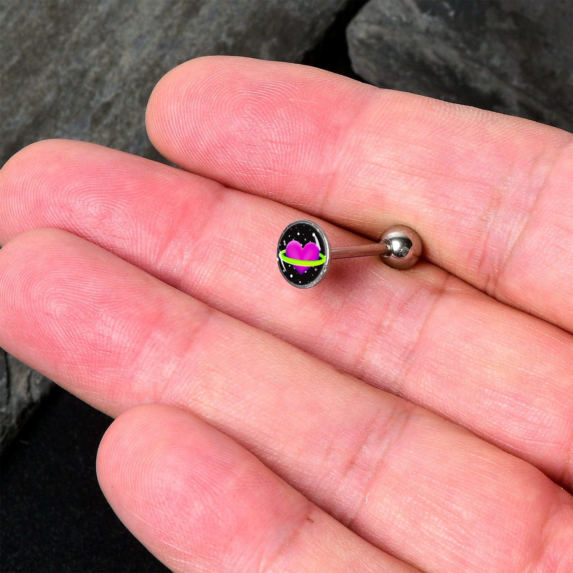 BodyCandy Heart Planet Barbell Tongue Ring by Onyx O — detail close-up