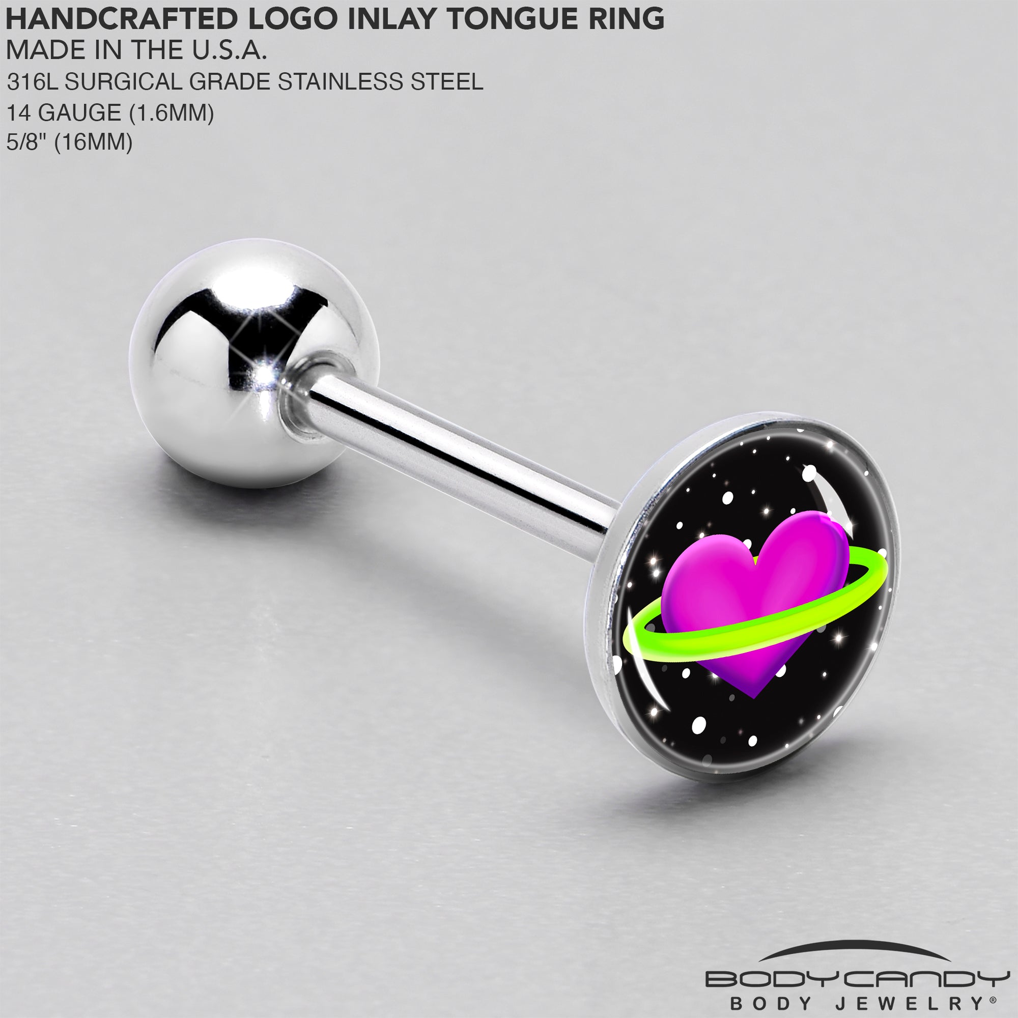 BodyCandy Heart Planet Barbell Tongue Ring by Onyx O — side view