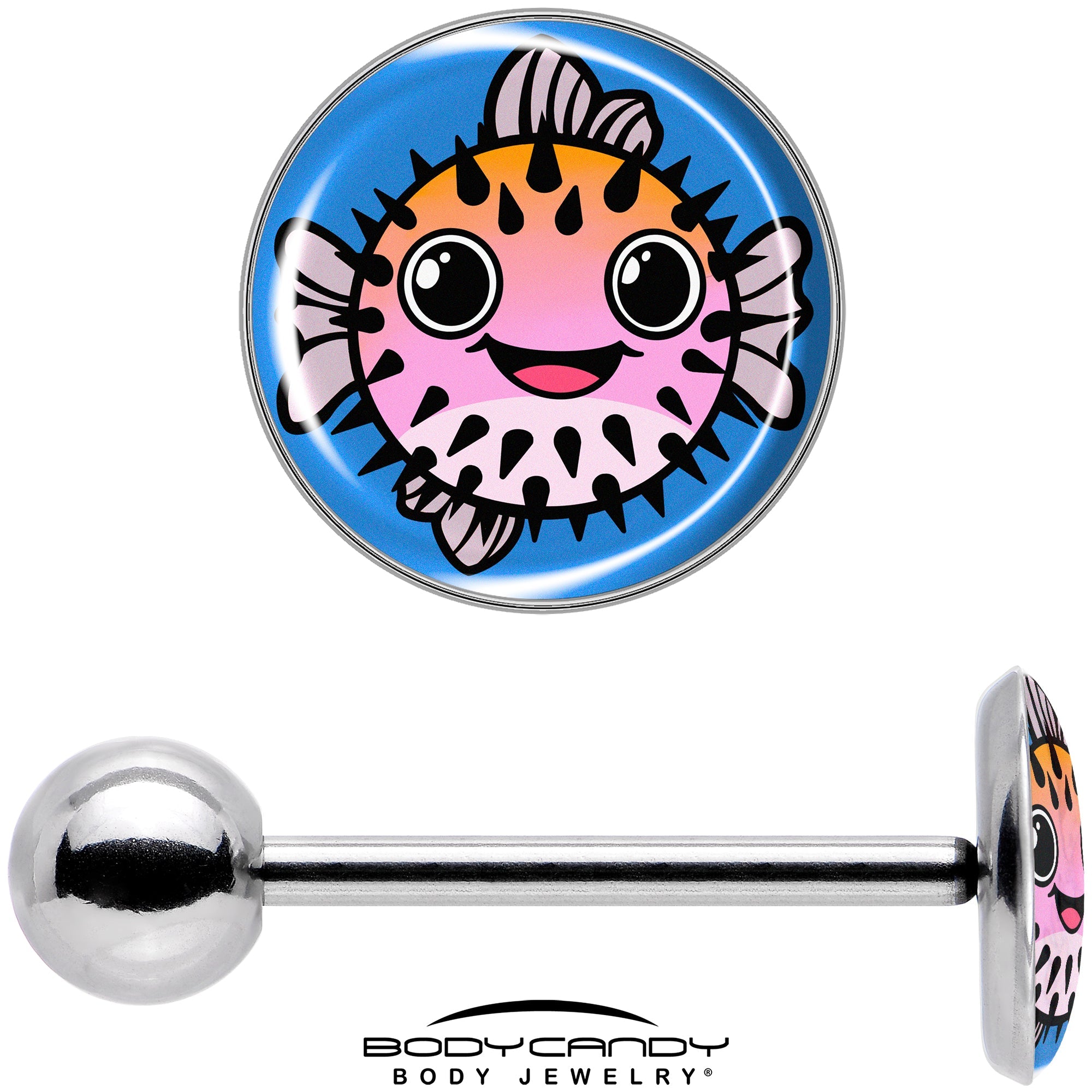 BodyCandy Swimming Pink Pufferfish Barbell Tongue Ring by Onyx O — in-use photo