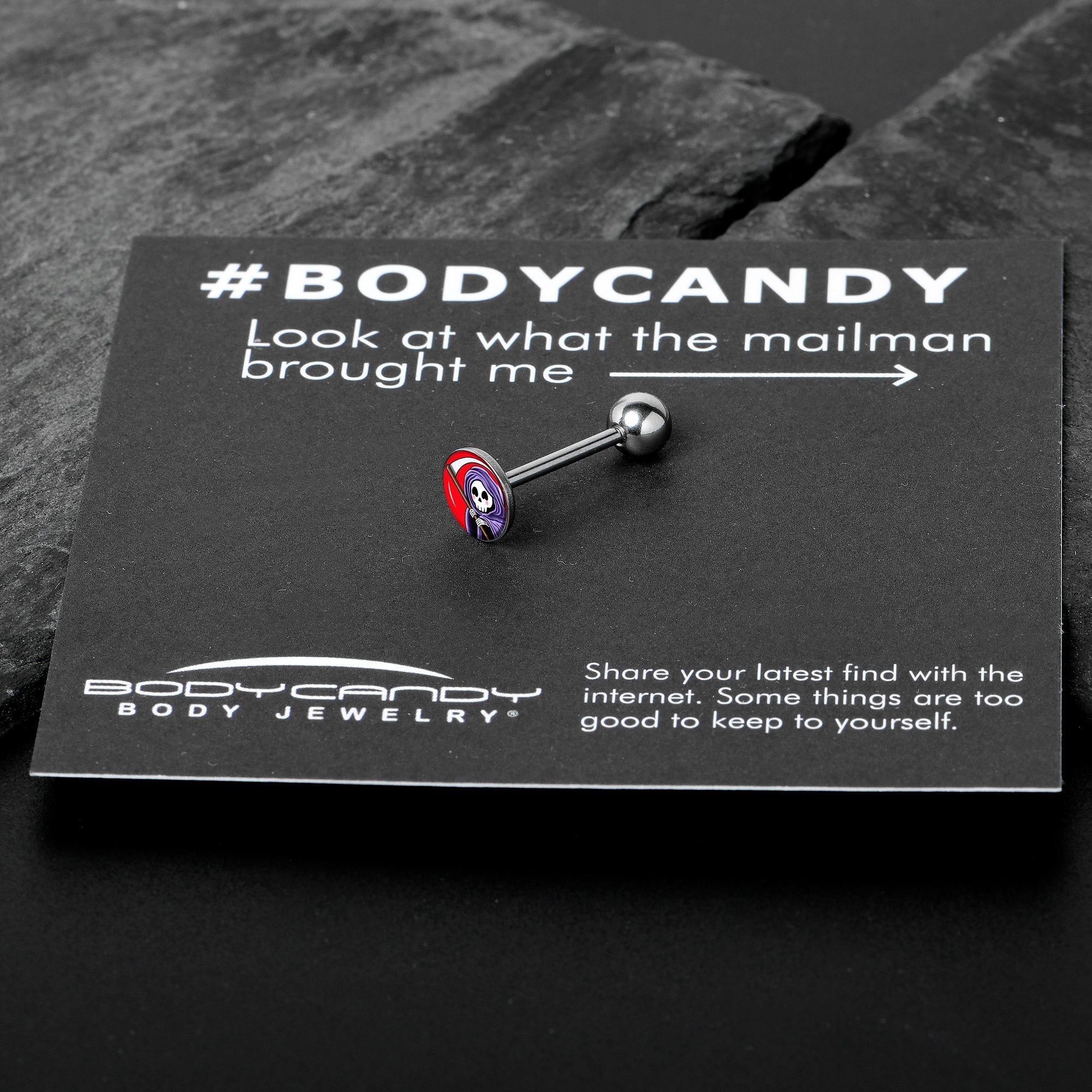 BodyCandy Grim Reaper Barbell Tongue Ring by Onyx O — in-use photo