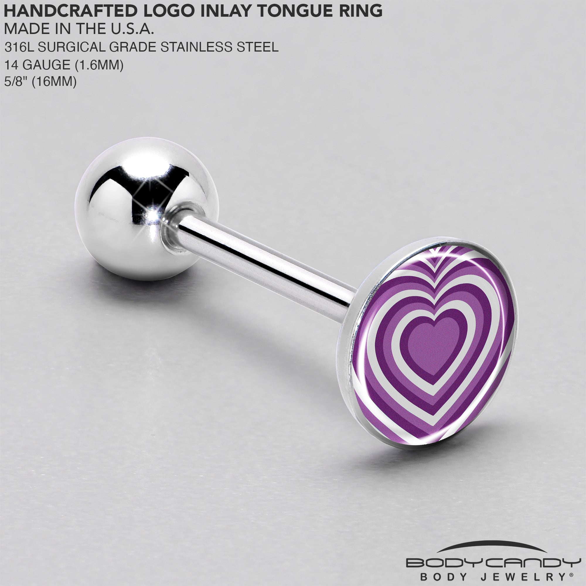 BodyCandy Purple Retro Heart Barbell Tongue Ring by Onyx O — side view