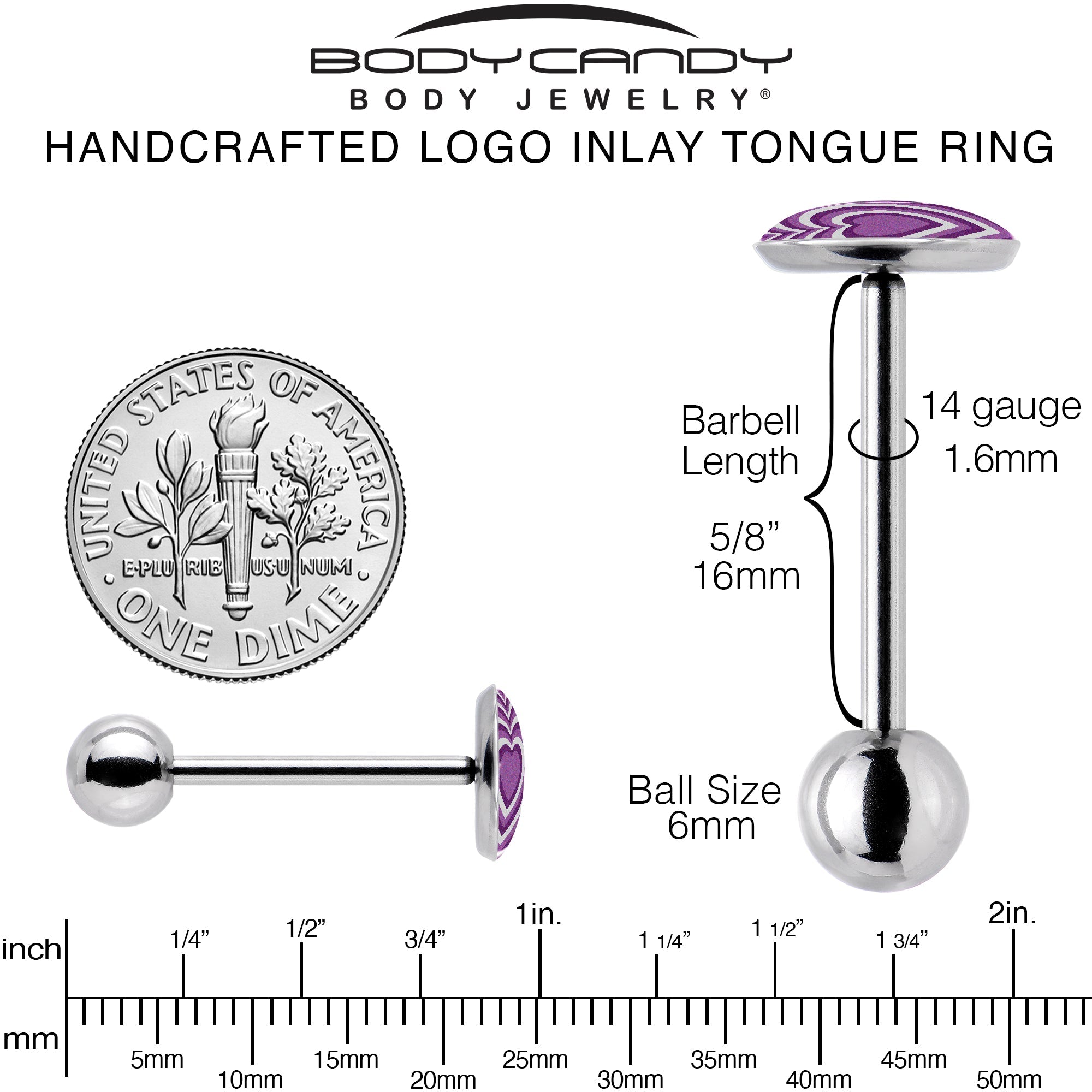 BodyCandy Purple Retro Heart Barbell Tongue Ring by Onyx O — back view
