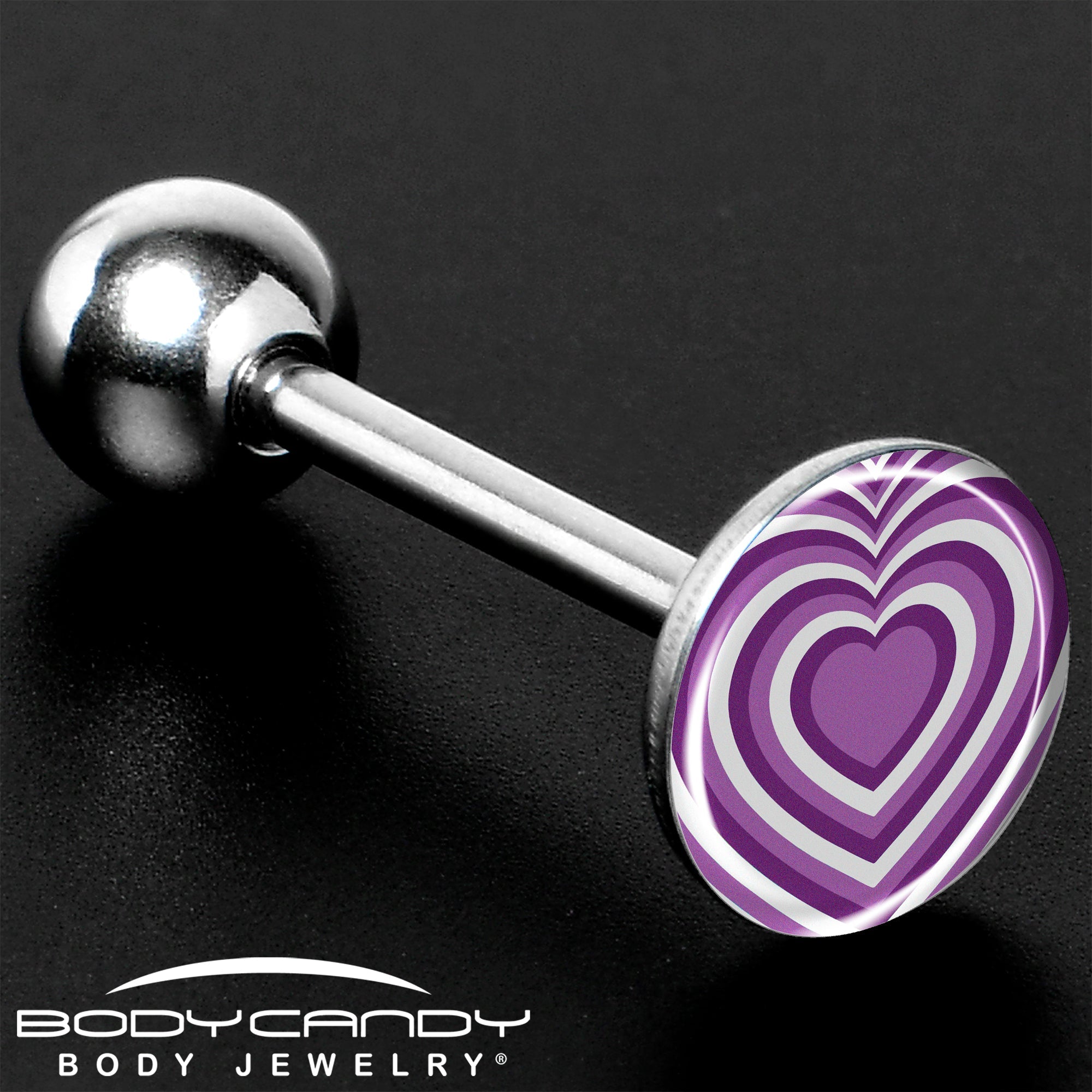BodyCandy Purple Retro Heart Barbell Tongue Ring by Onyx O — size reference