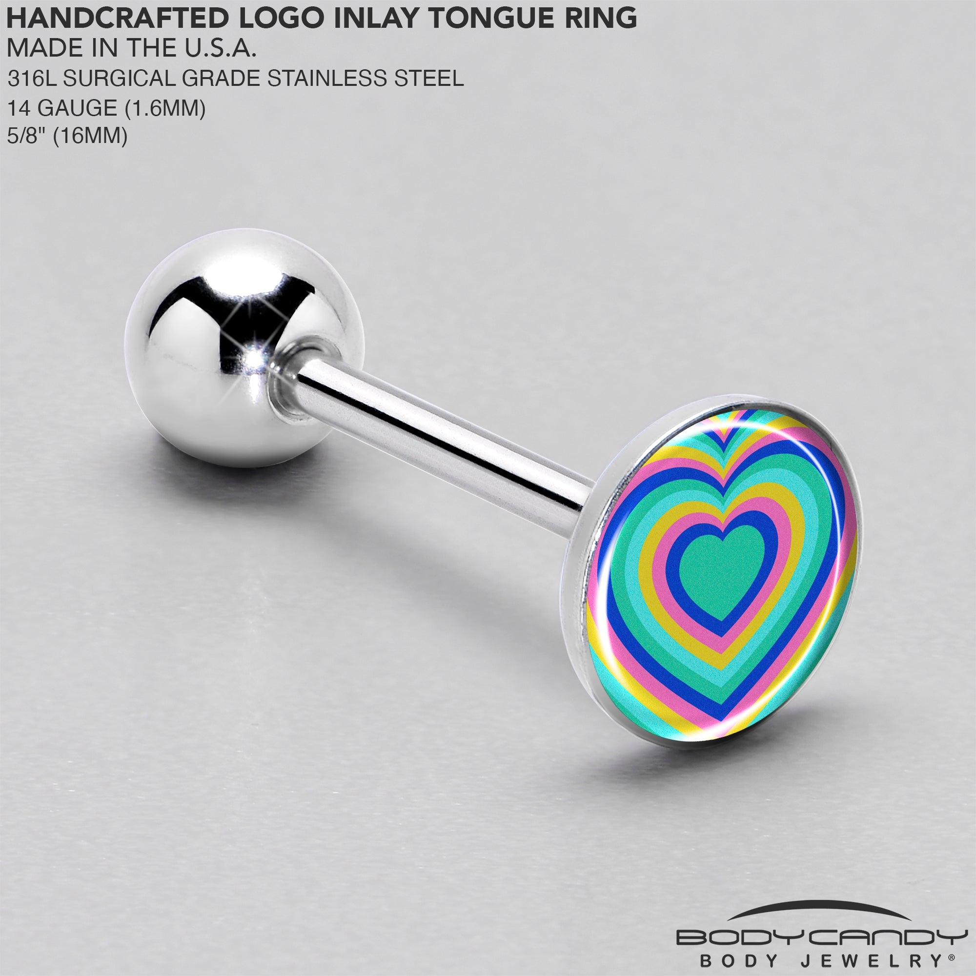 BodyCandy Rainbow Retro Heart Barbell Tongue Ring by Onyx O — side view