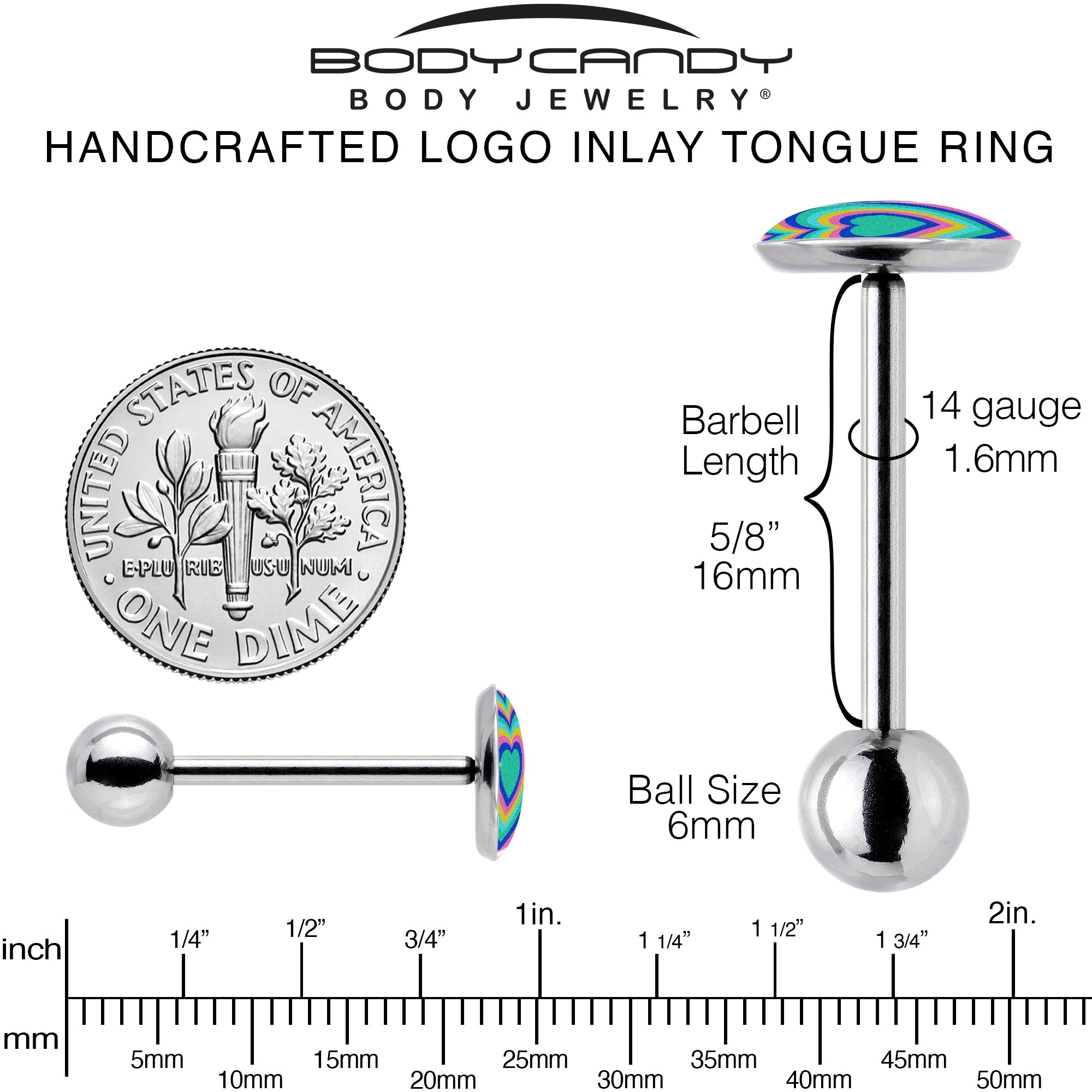 BodyCandy Rainbow Retro Heart Barbell Tongue Ring by Onyx O — back view