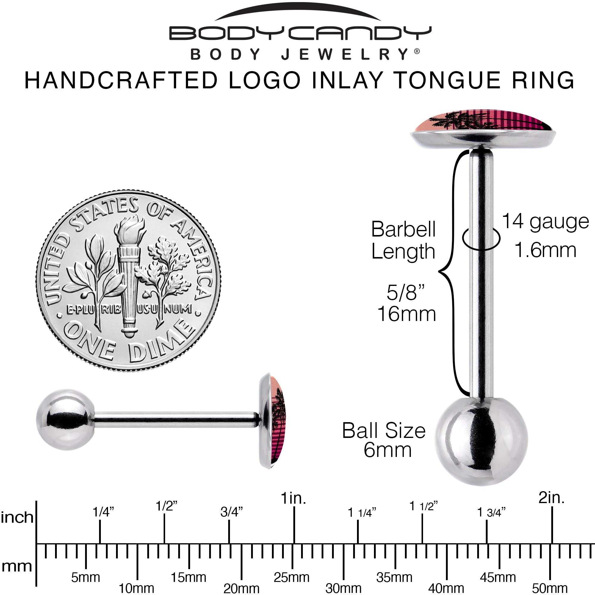 BodyCandy Palm Tree Retro Sunset Barbell Tongue Ring by Onyx O — back view