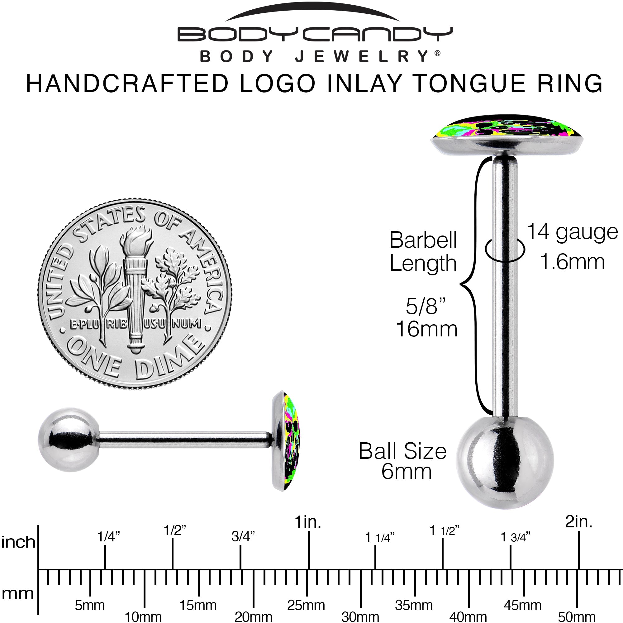 BodyCandy Ultra Bright Melting Skull Barbell Tongue Ring by Onyx O — back view