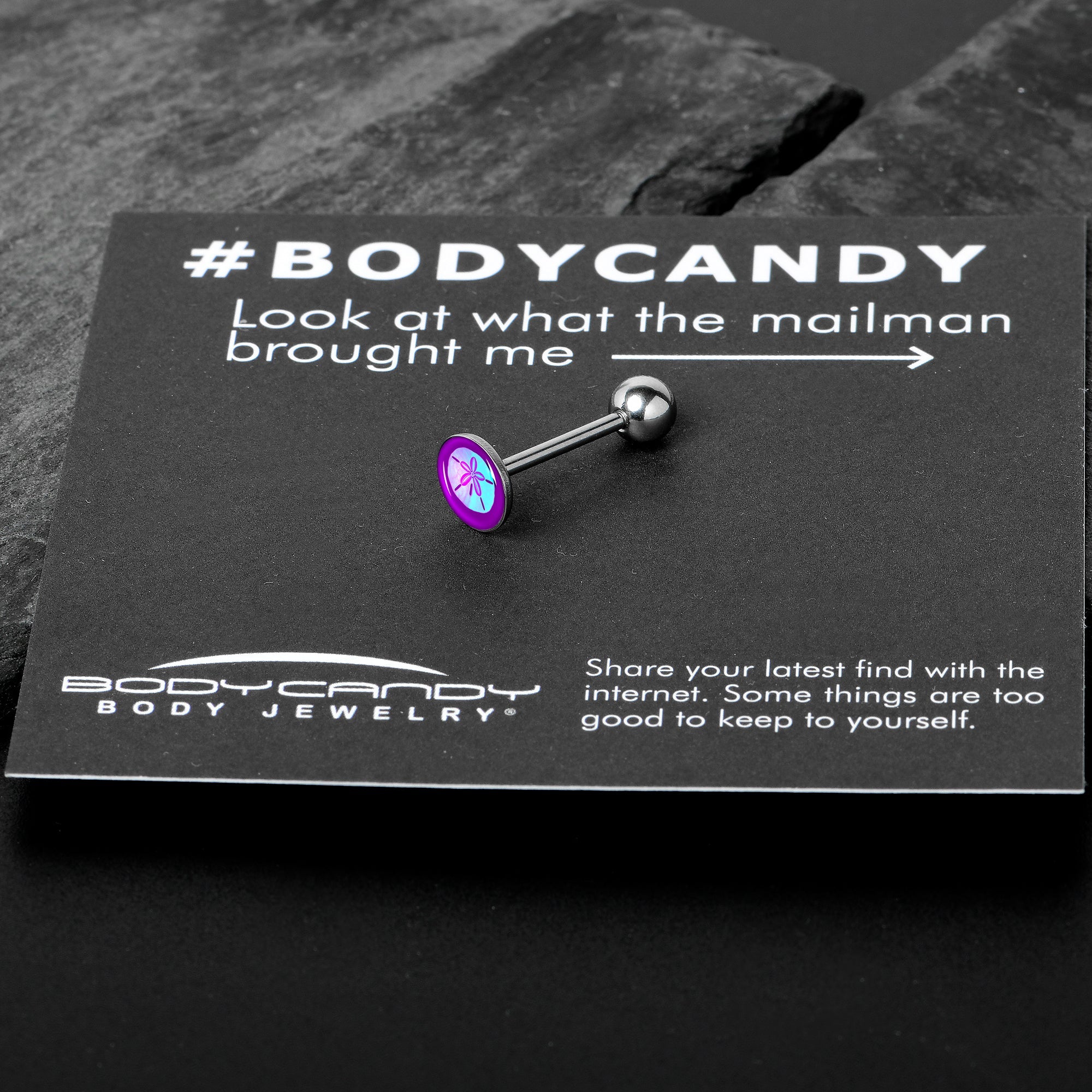 BodyCandy Purple Nautical Sand Dollar Barbell Tongue Ring by Onyx O — in-use photo