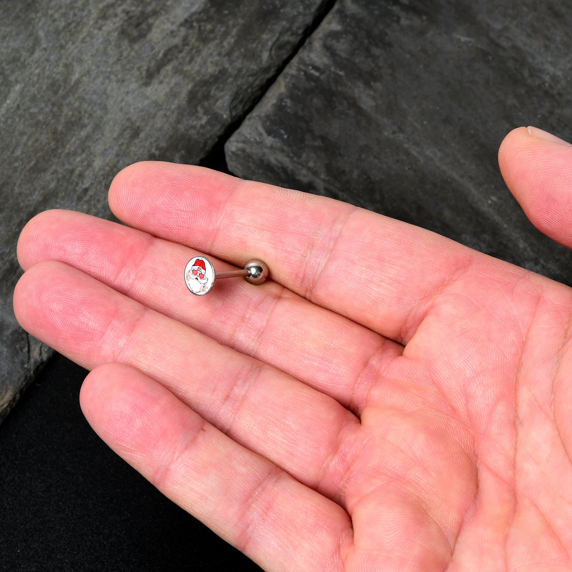 BodyCandy Christmas Peace Love Santa Barbell Tongue Ring by Onyx O — lifestyle context