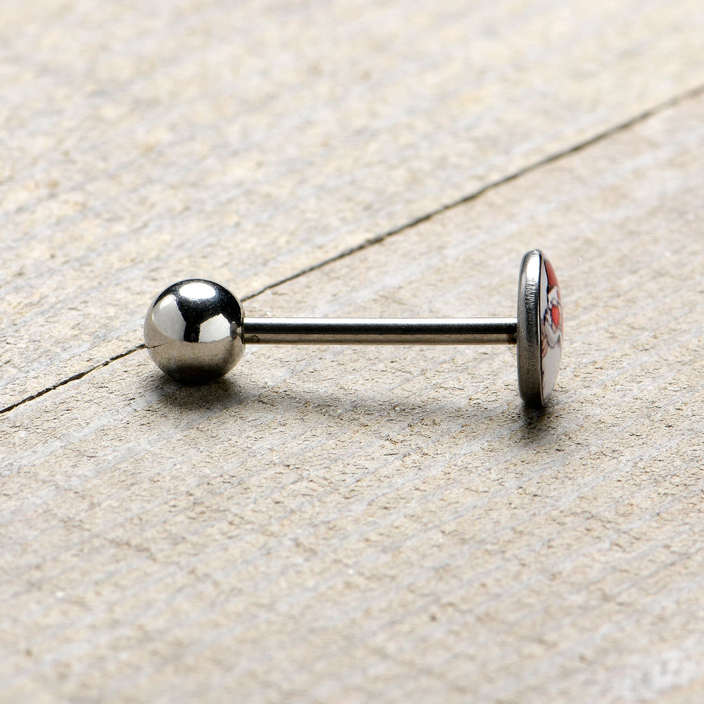 BodyCandy Christmas Peace Love Santa Barbell Tongue Ring by Onyx O — in-use photo