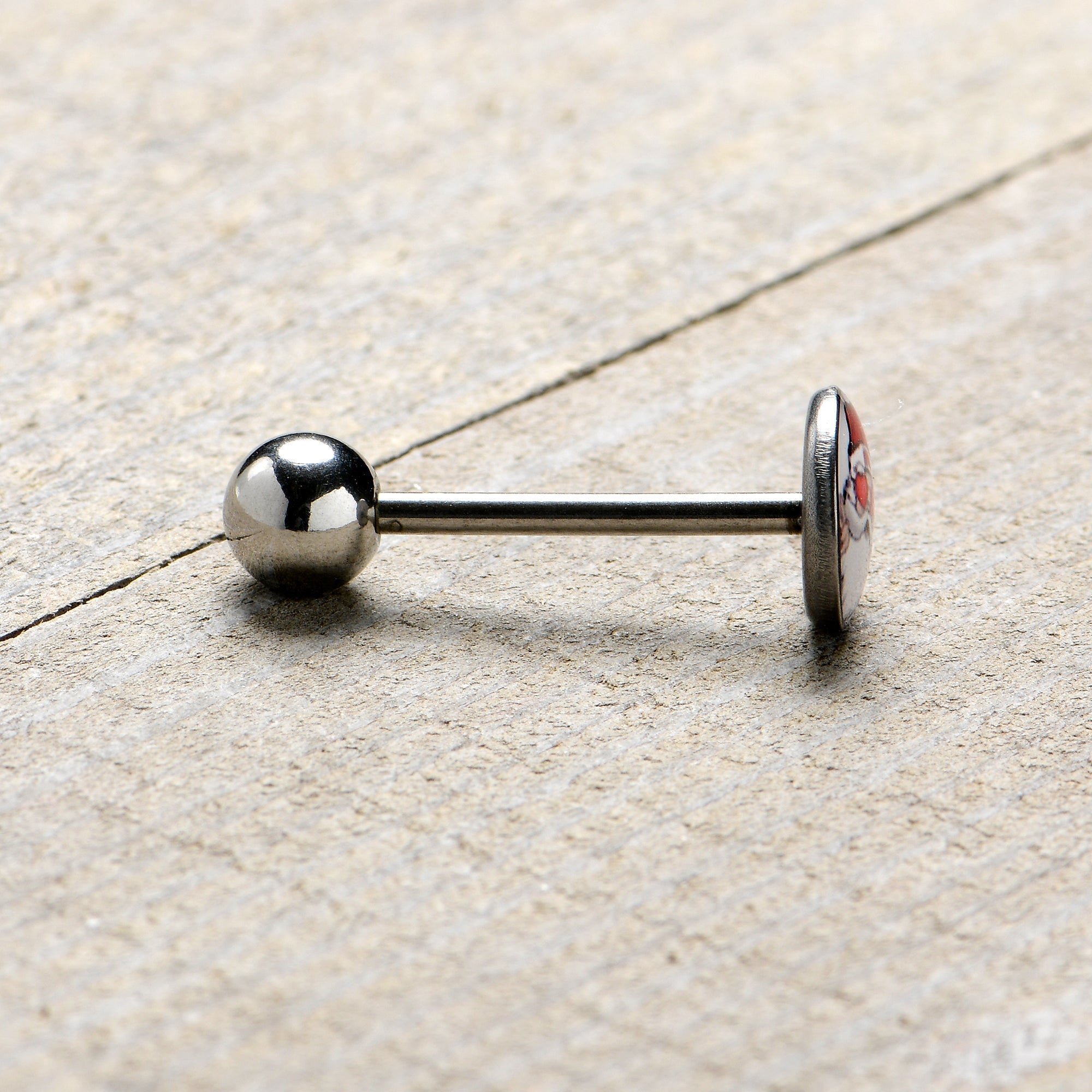 BodyCandy Christmas Peace Love Santa Barbell Tongue Ring by Onyx O — in-use photo