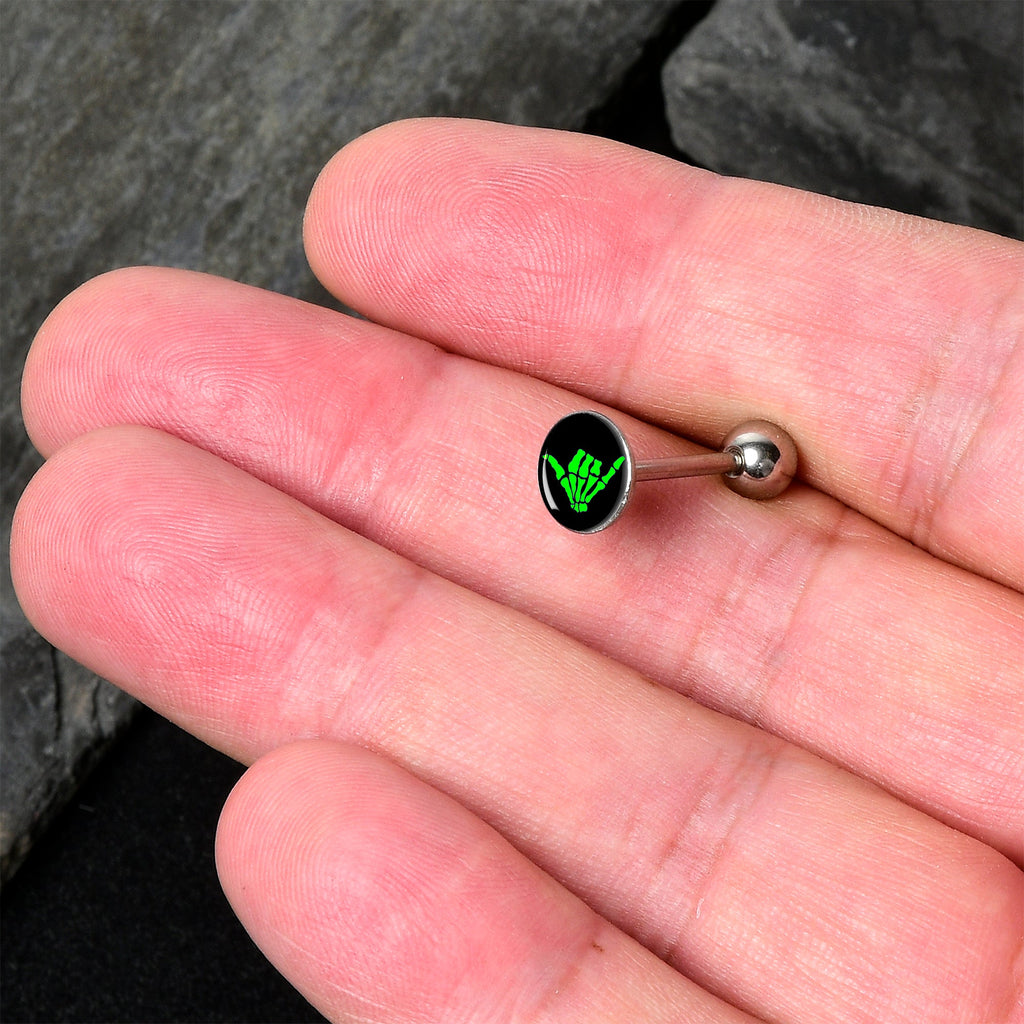 BodyCandy Shaka Hand Barbell Tongue Ring by Onyx O — detail close-up