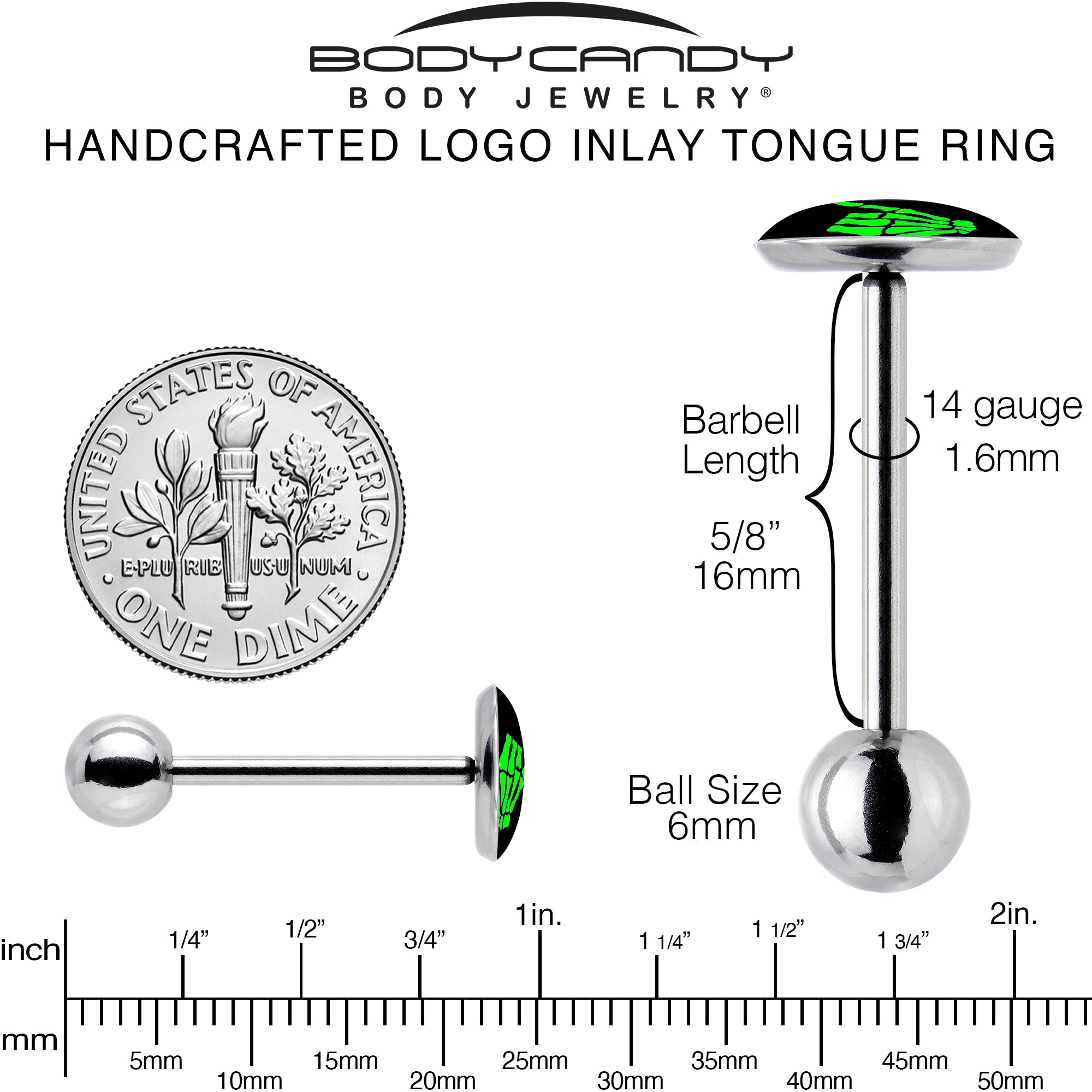BodyCandy Shaka Hand Barbell Tongue Ring by Onyx O — back view