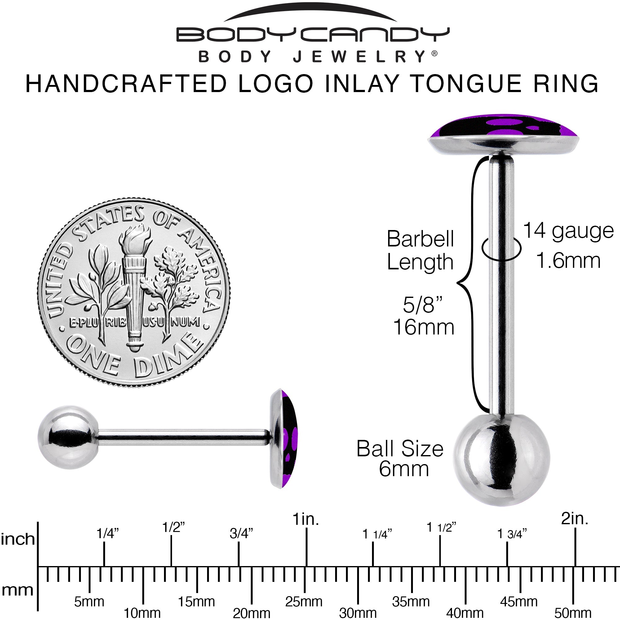 BodyCandy Purple Black Simple Skull Barbell Tongue Ring by Onyx O — back view