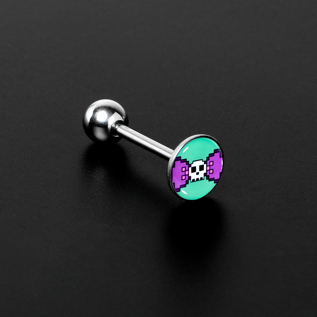 BodyCandy Retro Pixel Skull Barbell Tongue Ring by Onyx O — detail close-up