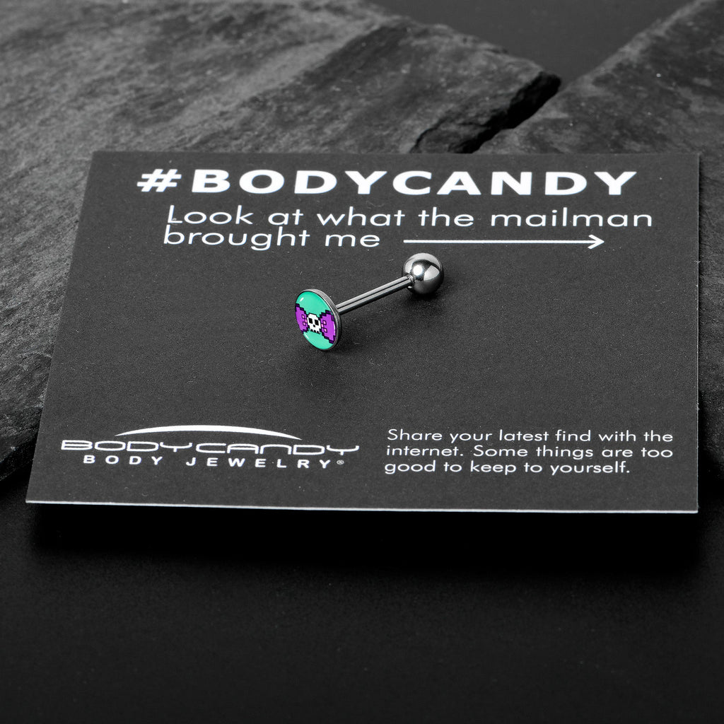 BodyCandy Retro Pixel Skull Barbell Tongue Ring by Onyx O — in-use photo