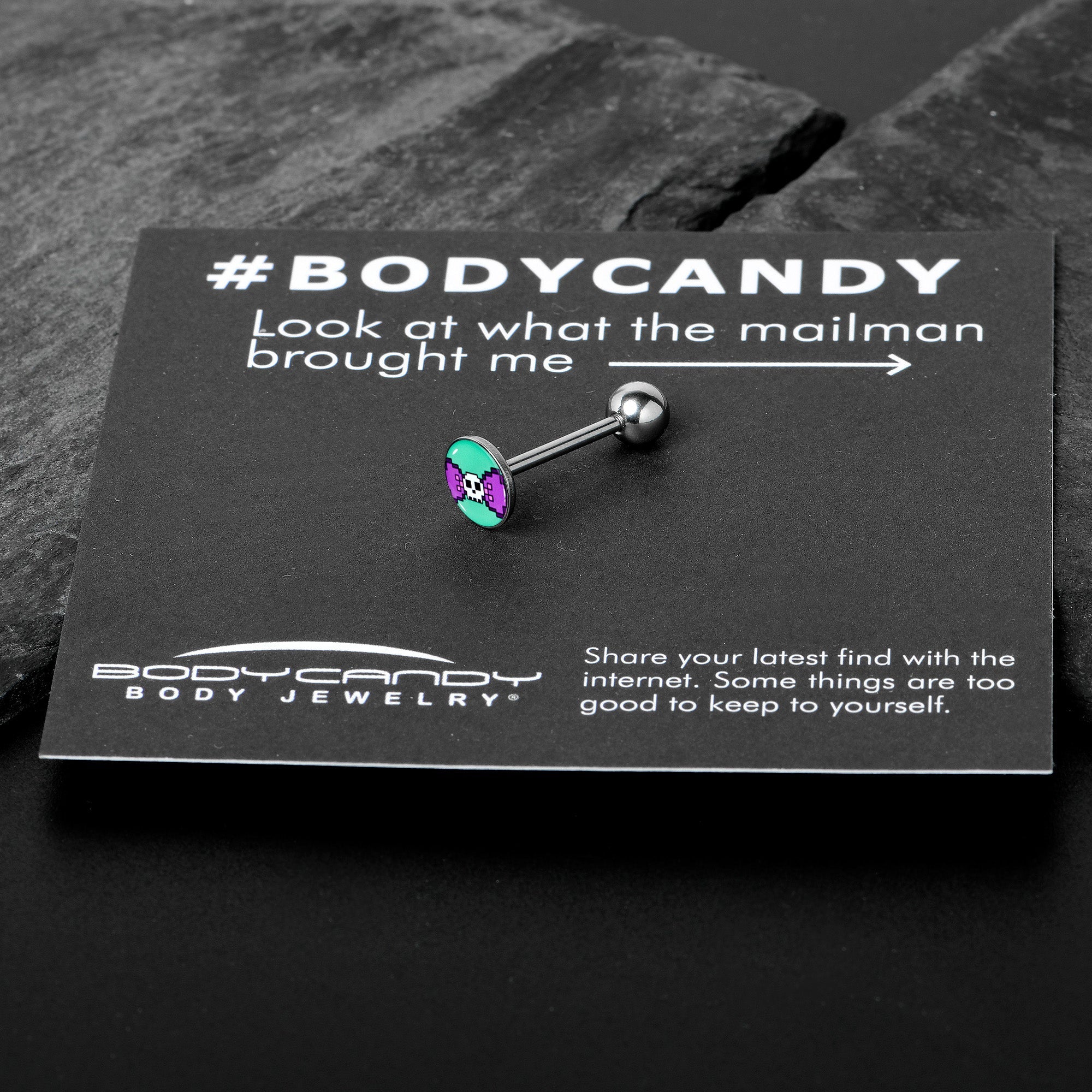 BodyCandy Retro Pixel Skull Barbell Tongue Ring by Onyx O — in-use photo
