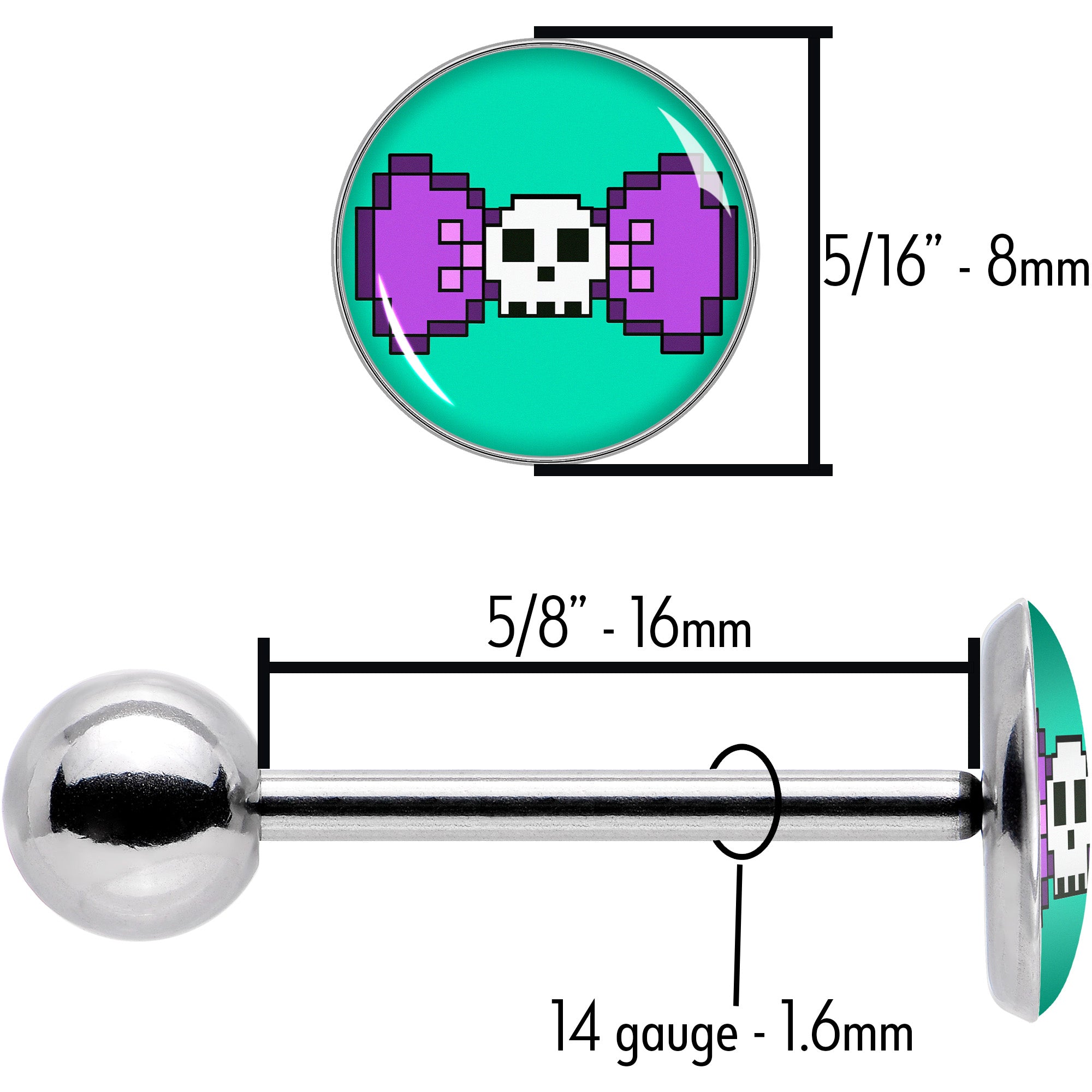 BodyCandy Retro Pixel Skull Barbell Tongue Ring by Onyx O — size reference
