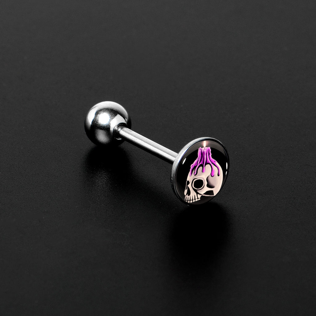 BodyCandy Burning Skull Candle Barbell Tongue Ring by Onyx O — detail close-up