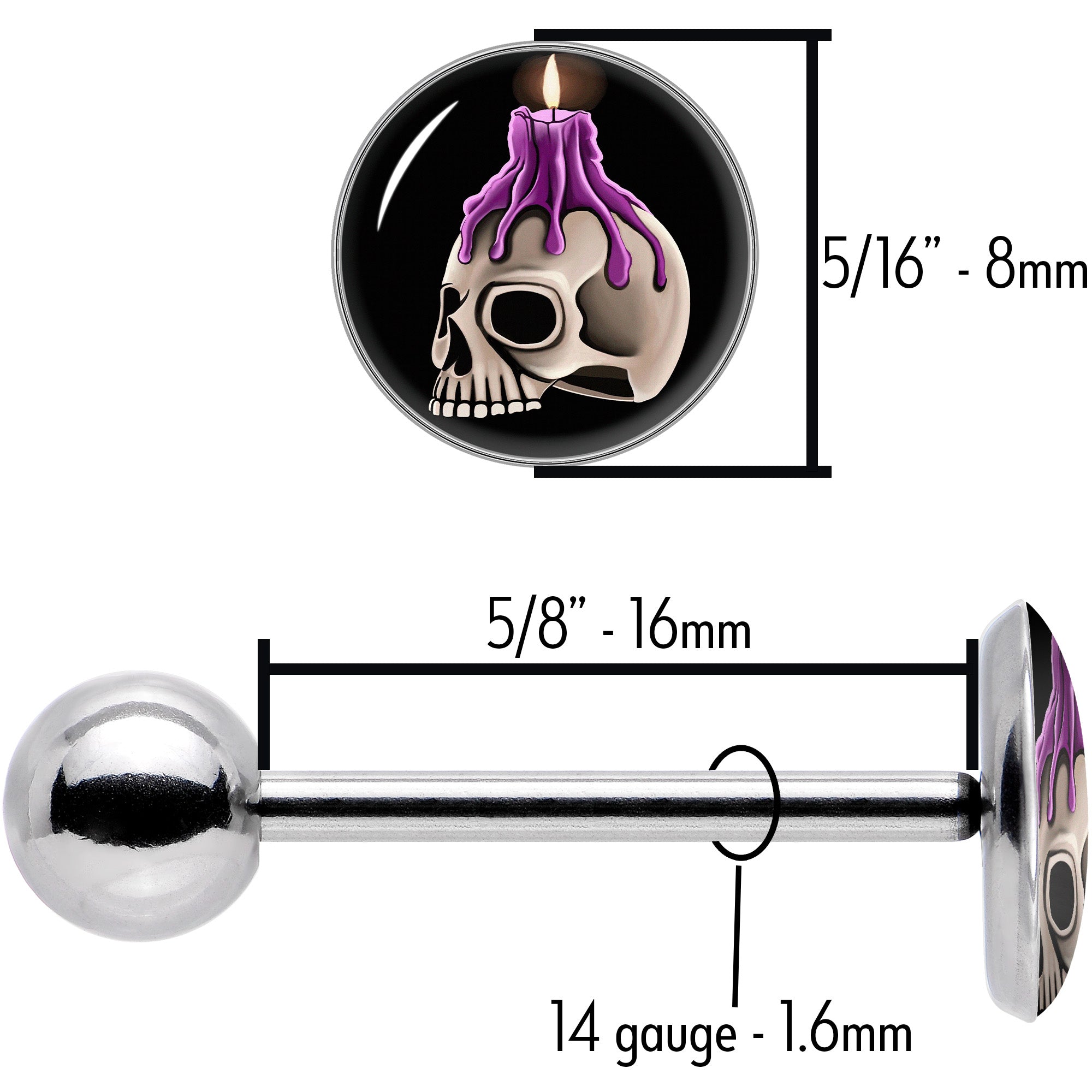 BodyCandy Burning Skull Candle Barbell Tongue Ring by Onyx O — size reference
