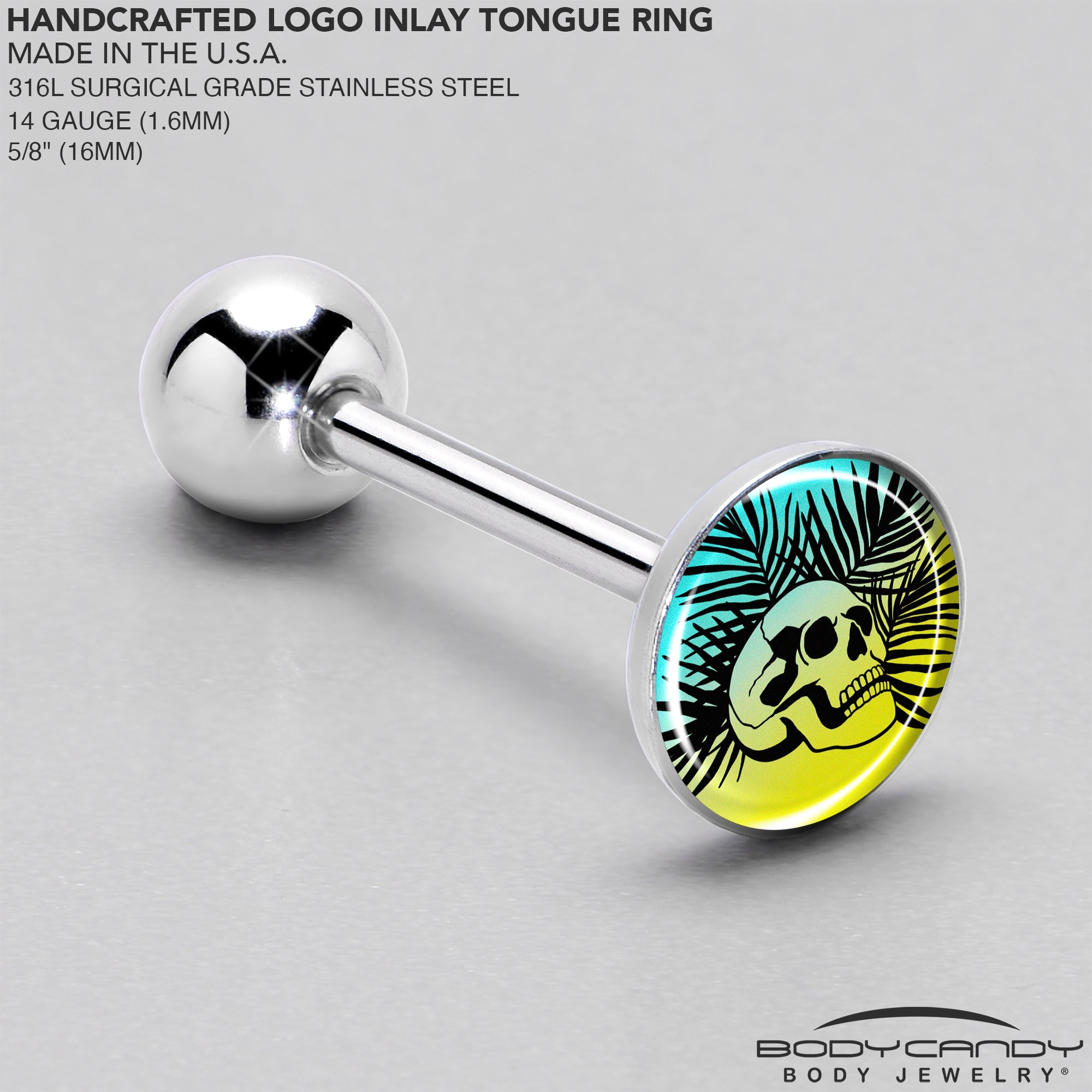BodyCandy Blue Haze Sunset Skull and Palms Barbell Tongue Ring by Onyx O — side view