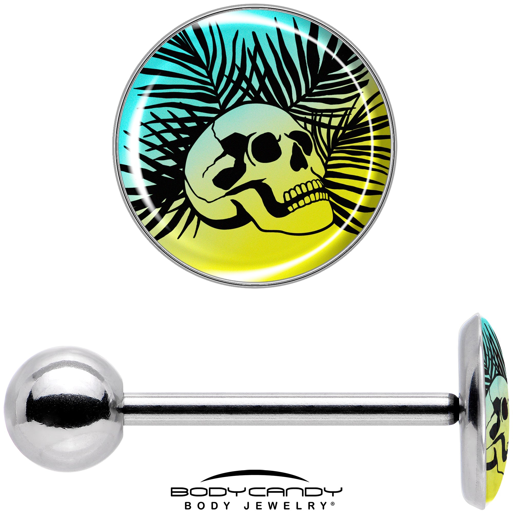 BodyCandy Blue Haze Sunset Skull and Palms Barbell Tongue Ring by Onyx O — in-use photo