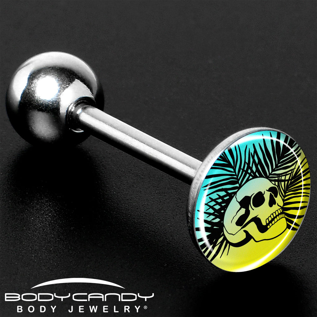 BodyCandy Blue Haze Sunset Skull and Palms Barbell Tongue Ring by Onyx O — size reference