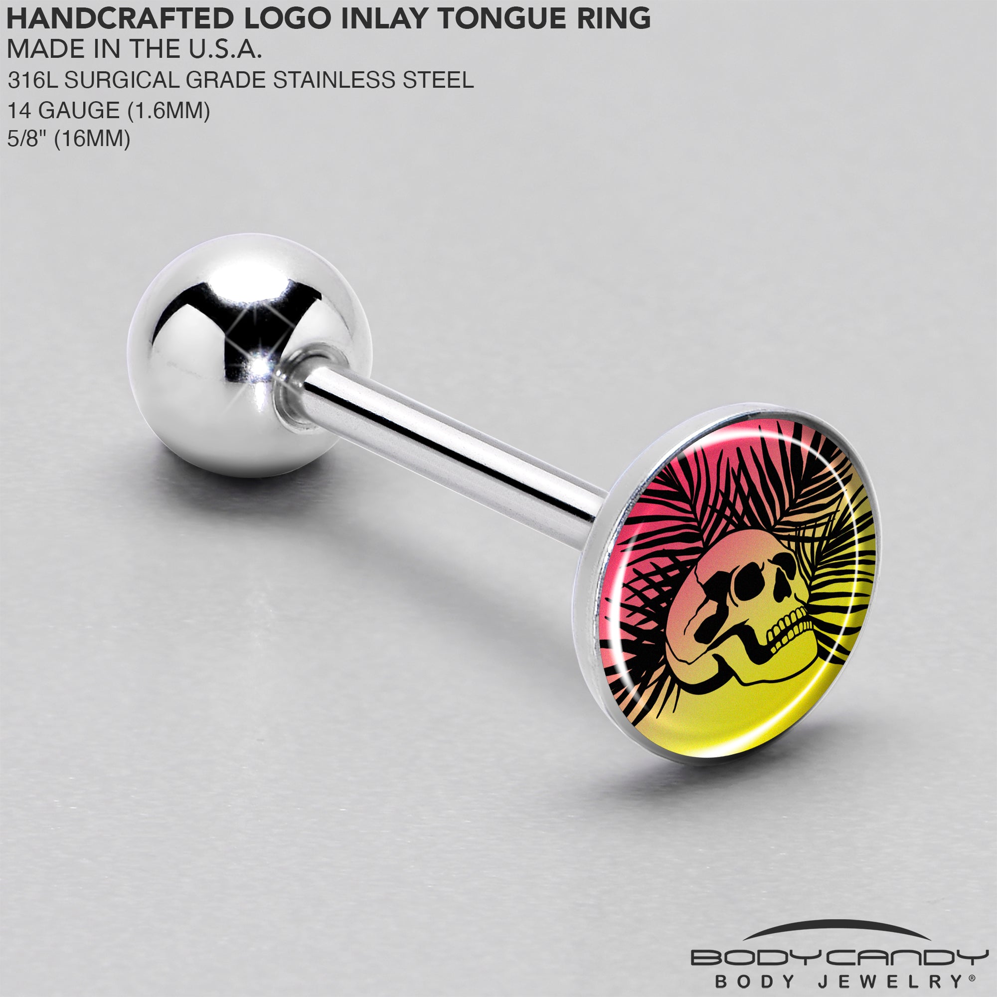 BodyCandy Red Haze Sunset Skull and Palms Barbell Tongue Ring by Onyx O — side view