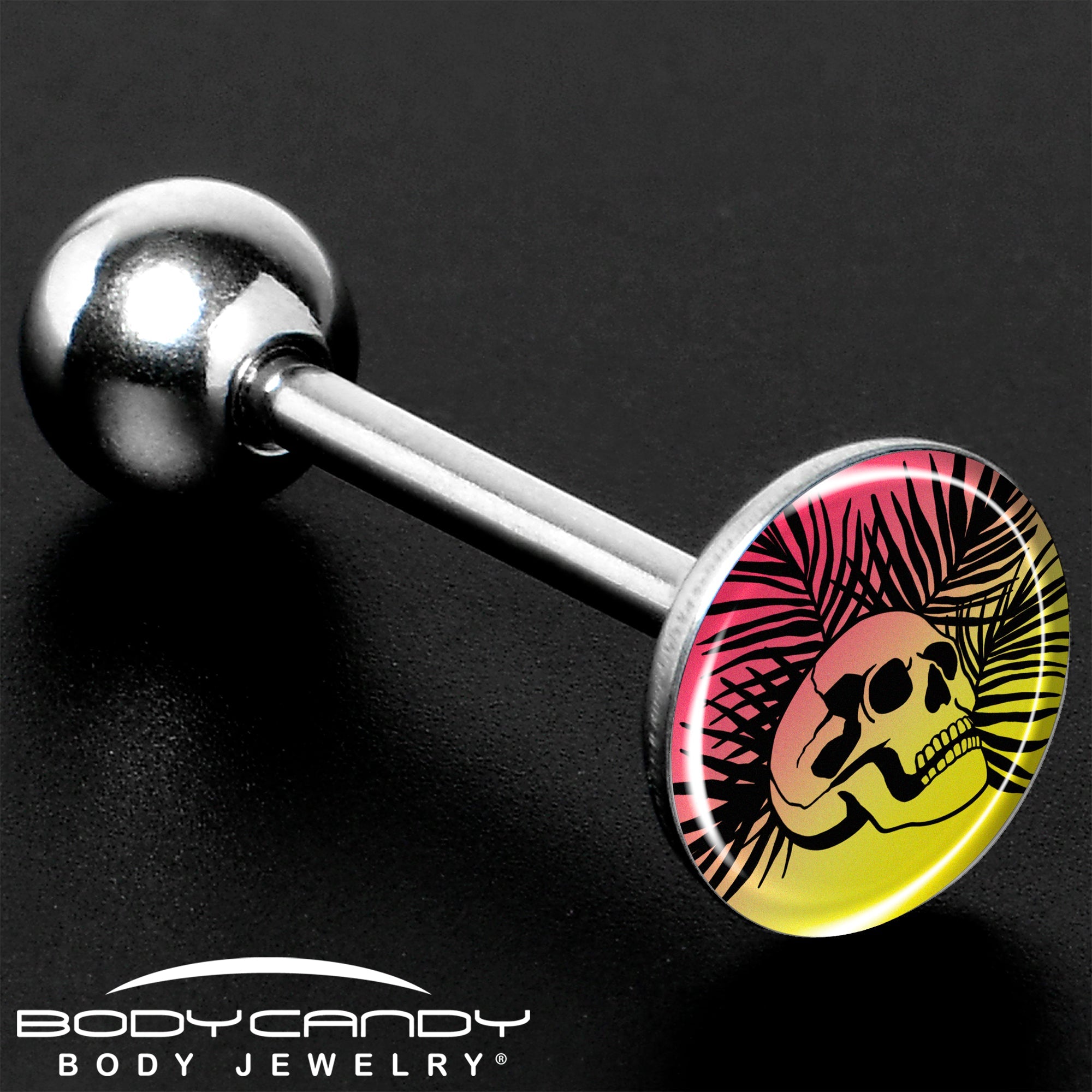 BodyCandy Red Haze Sunset Skull and Palms Barbell Tongue Ring by Onyx O — size reference