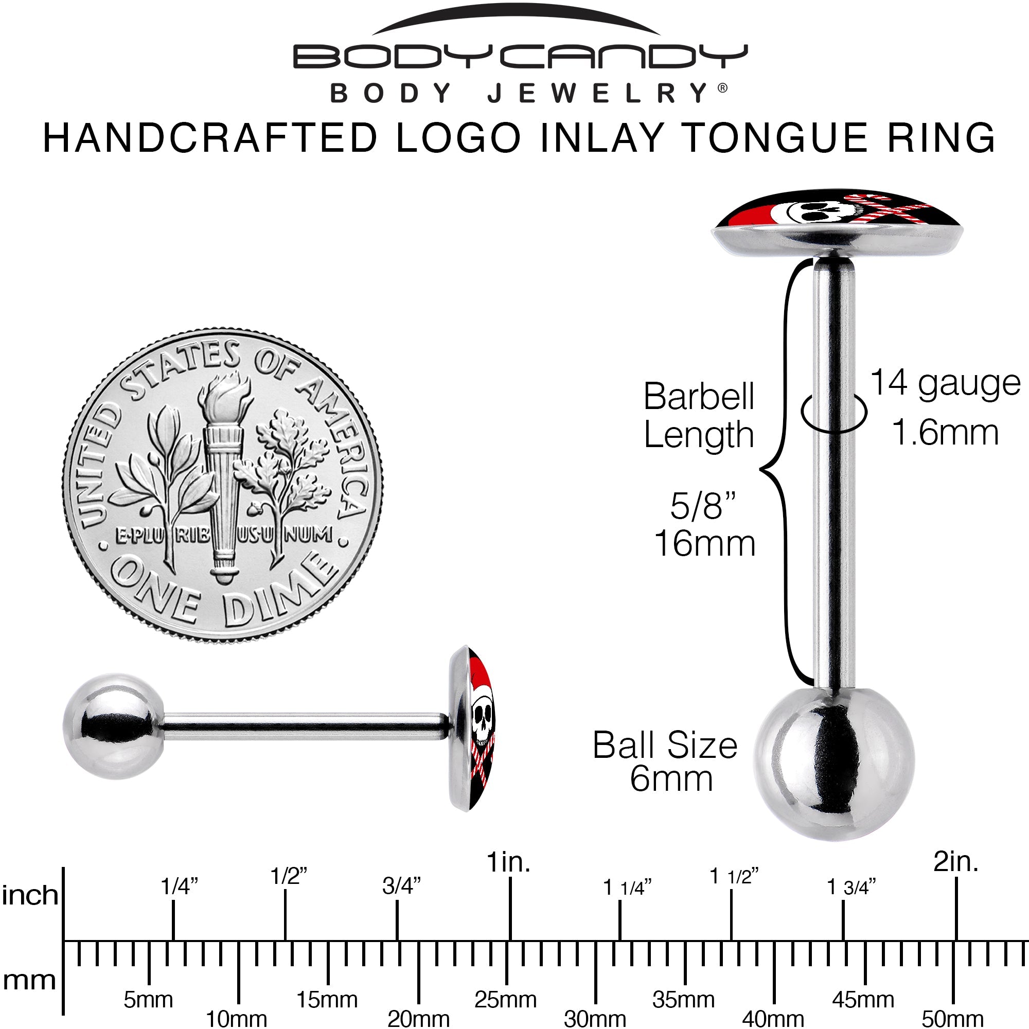 BodyCandy Santa Pirate Candy Cane Barbell Tongue Ring by Onyx O — back view