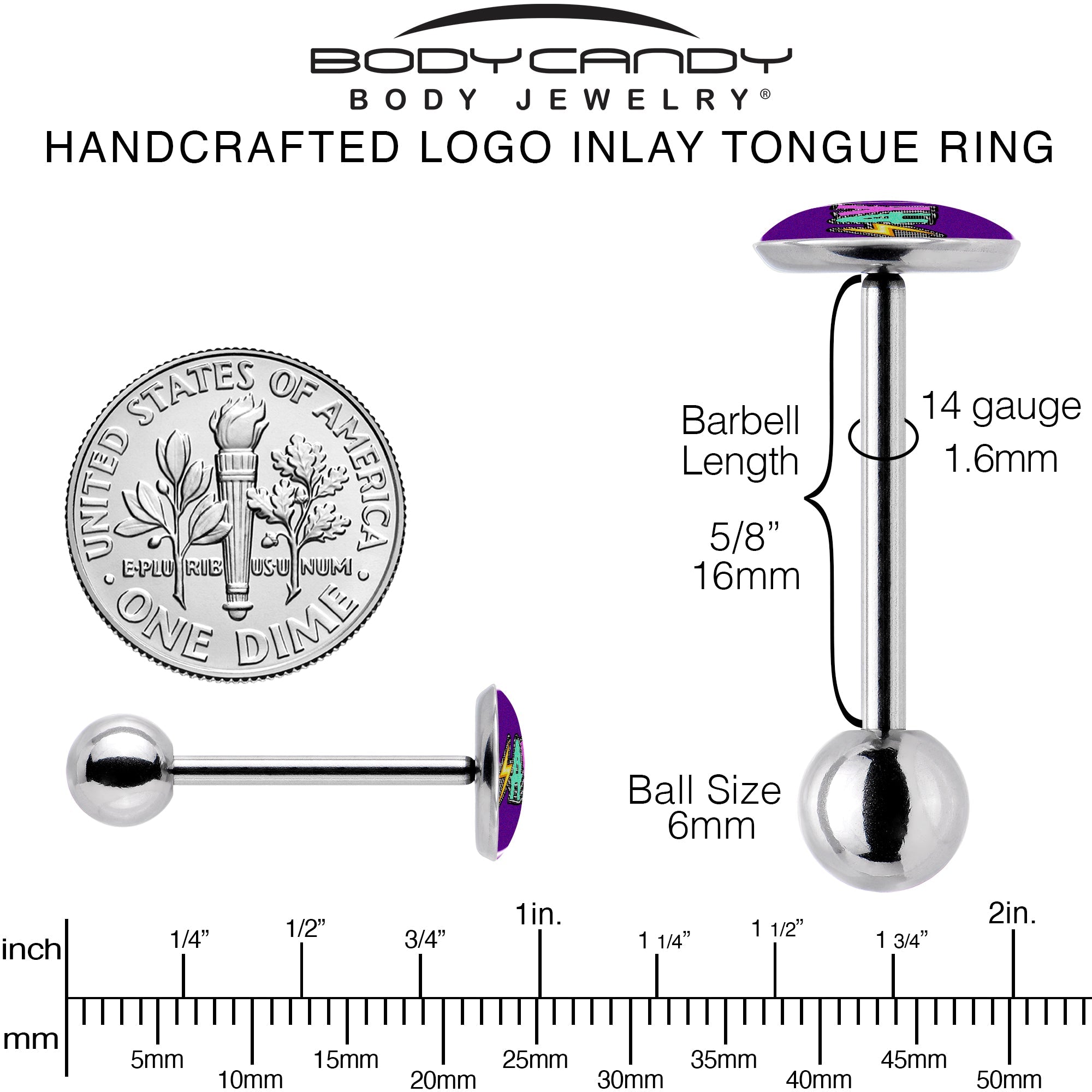 BodyCandy Colorful Lighting SLAY Barbell Tongue Ring by Onyx O — back view